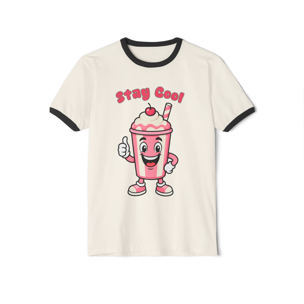 T-shirt with a cartoon milkshake character and 'Stay Cool!' text on a white background