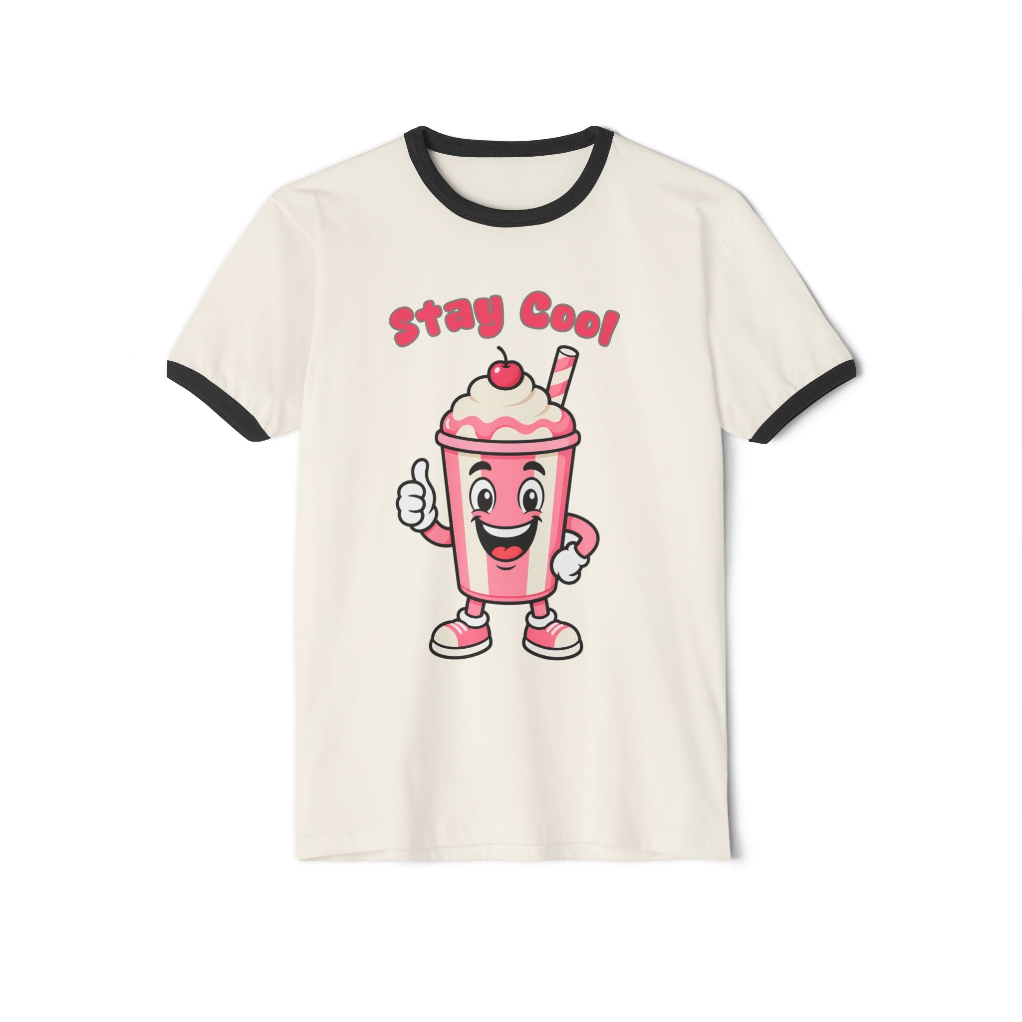 T-shirt with a cartoon milkshake character and 'Stay Cool!' text on a white background