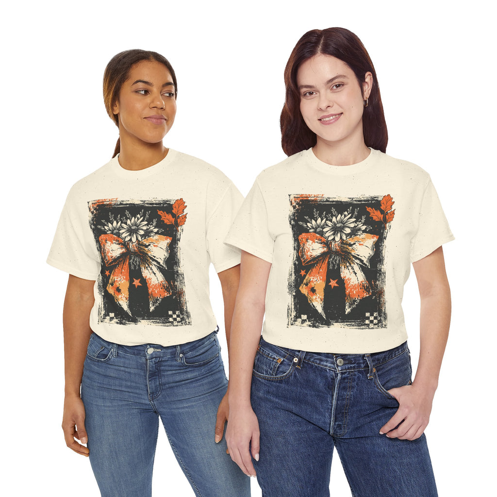 Halloween Bow Tee — Distressed Orange & Black Floral Ribbon Graphic