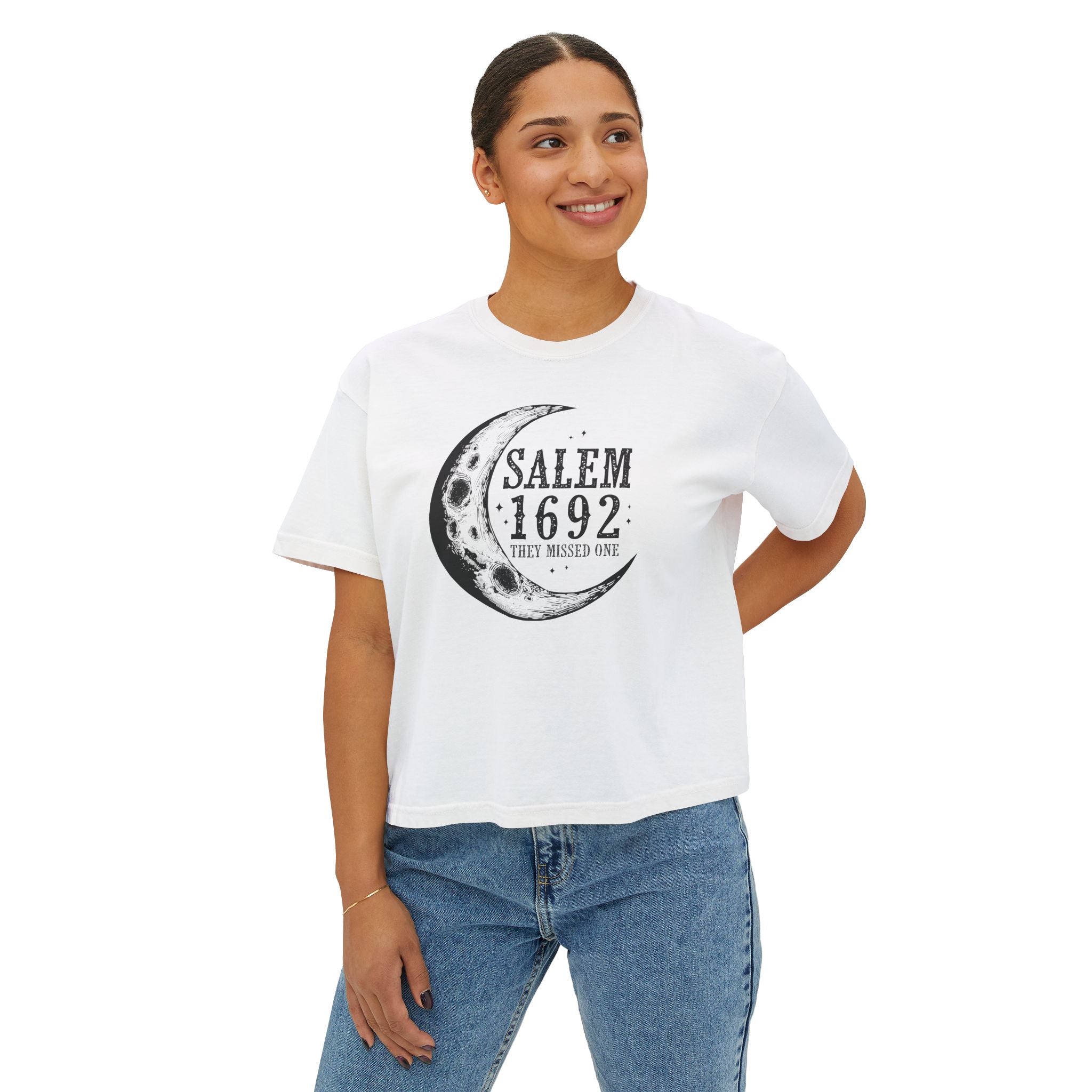 Salem 1692 Crescent Moon Women's Boxy Tee — Witchy Moon Phases Graphic