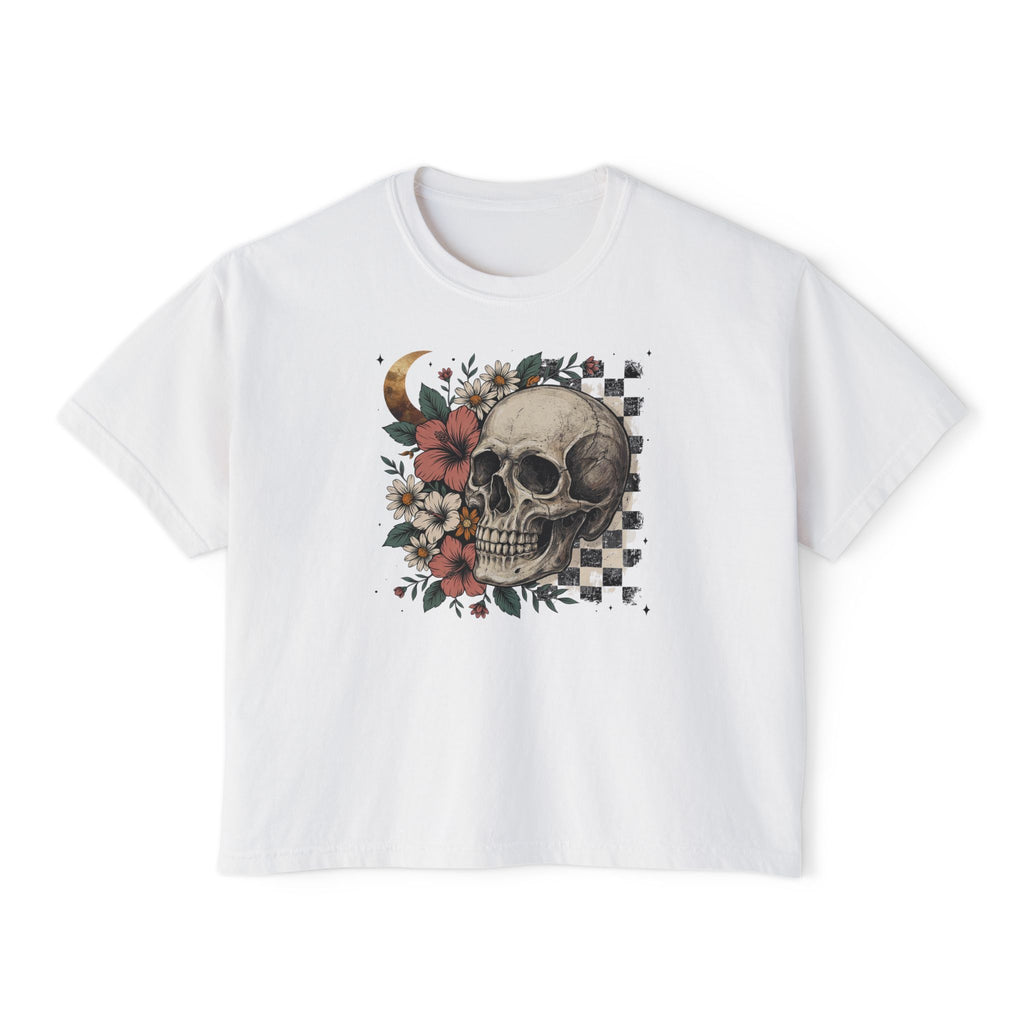 Skull & Floral Boxy Tee — Checkerboard Moon Graphic Women's T‑Shirt
