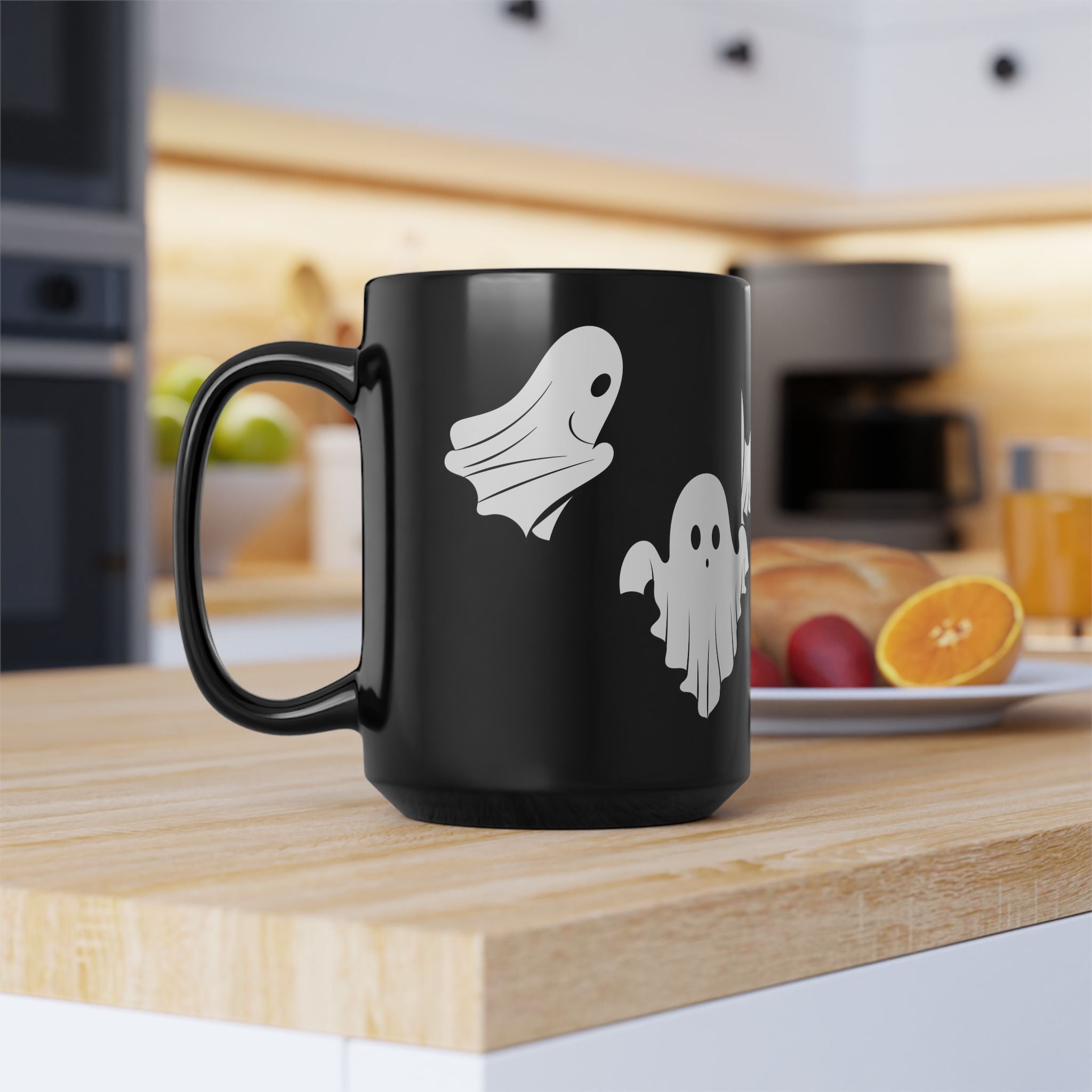 Ghost Pattern Black Mug – Cute Halloween Coffee Cup (11oz & 15oz)