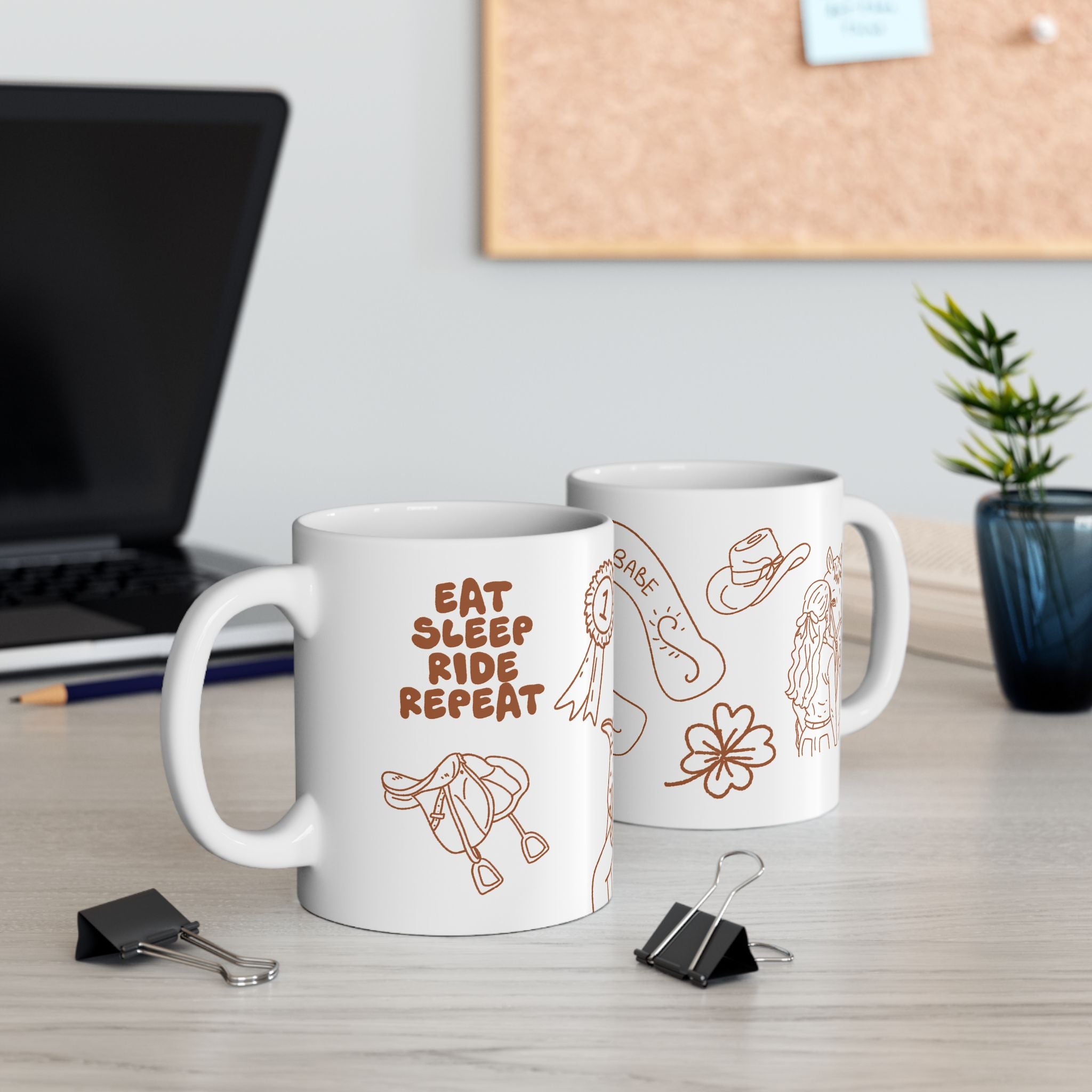 Horse Girl Doodles Ceramic Mug — Equestrian Lucky Charm Coffee Cup (11oz)