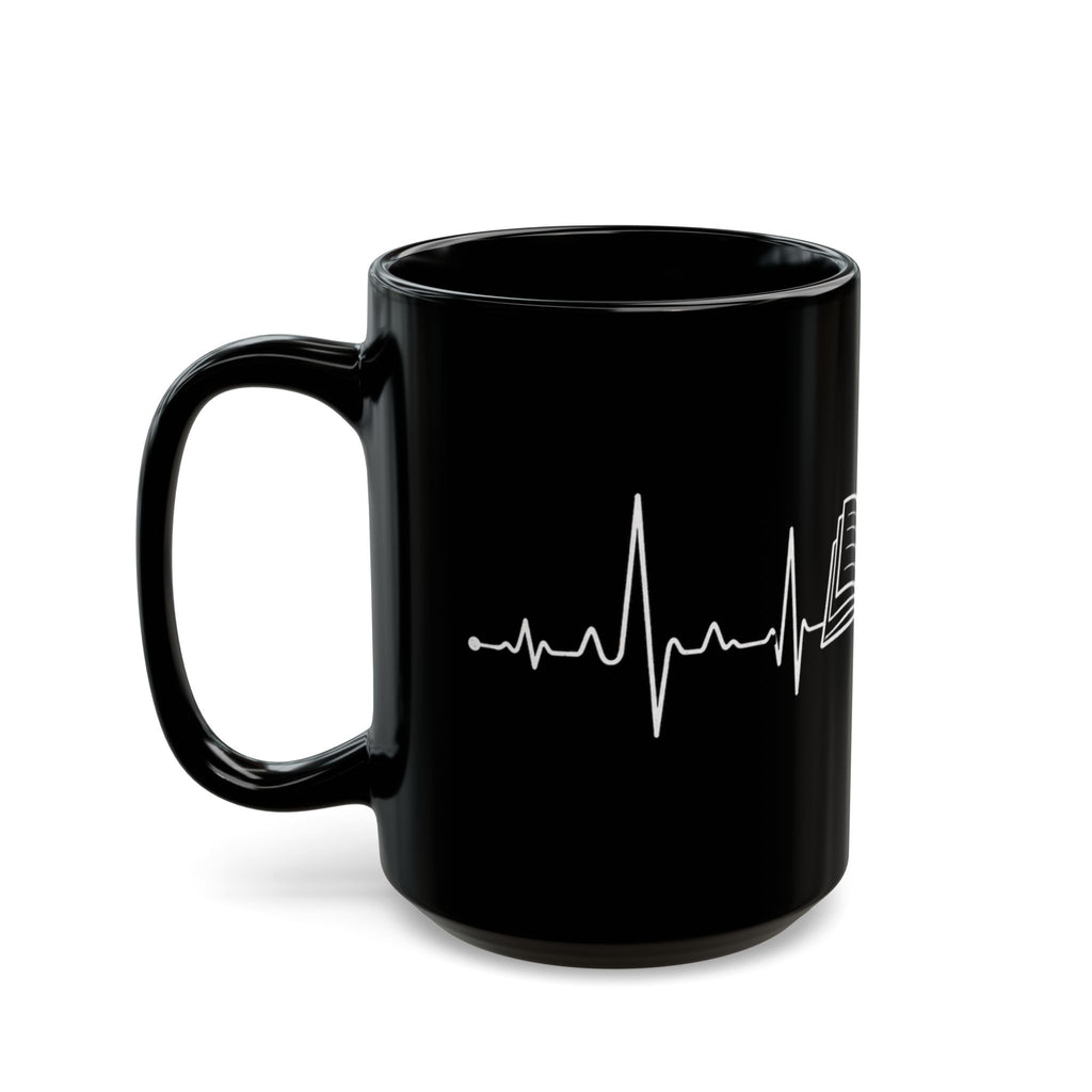 Black mug with EKG lines on a white background