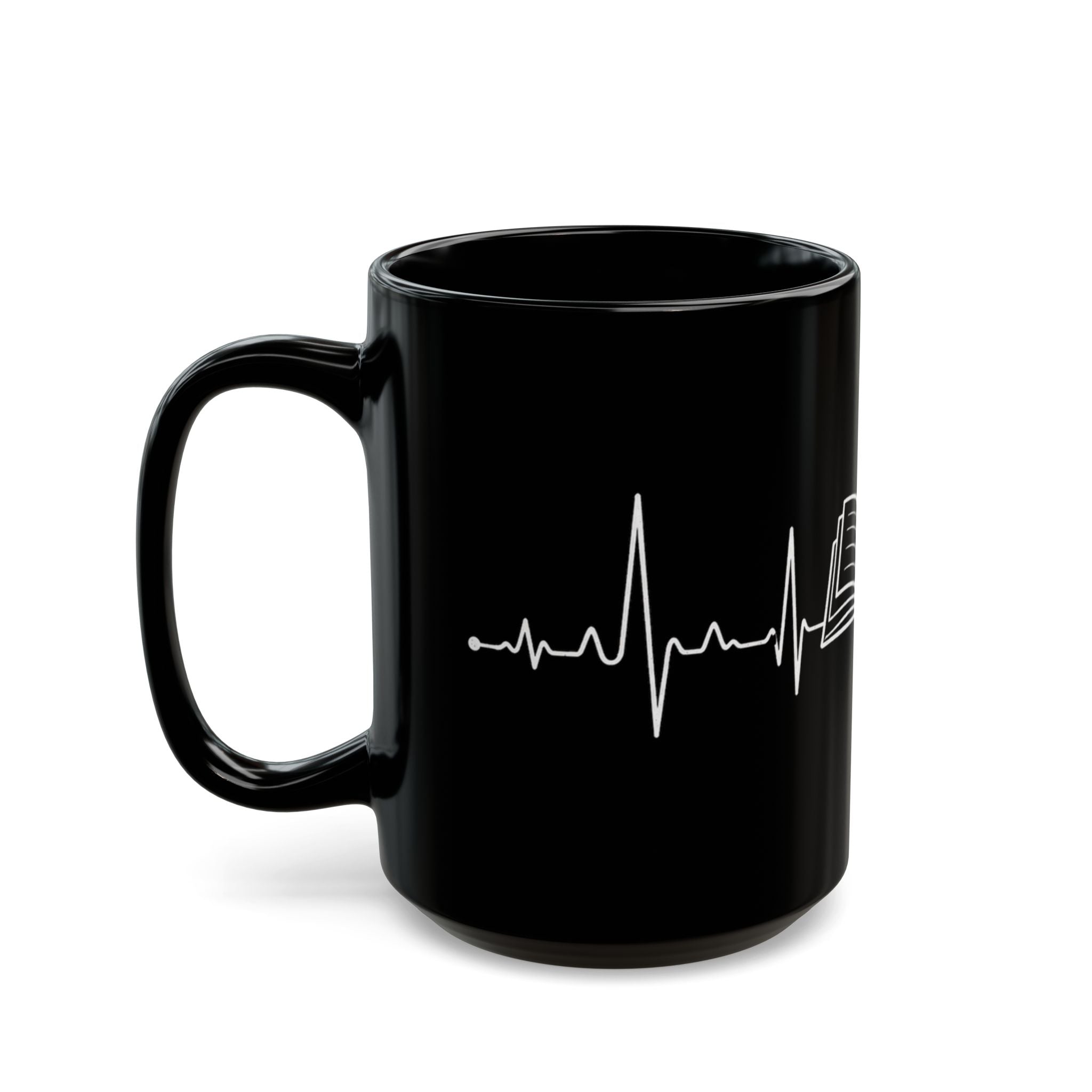 Black mug with EKG lines on a white background
