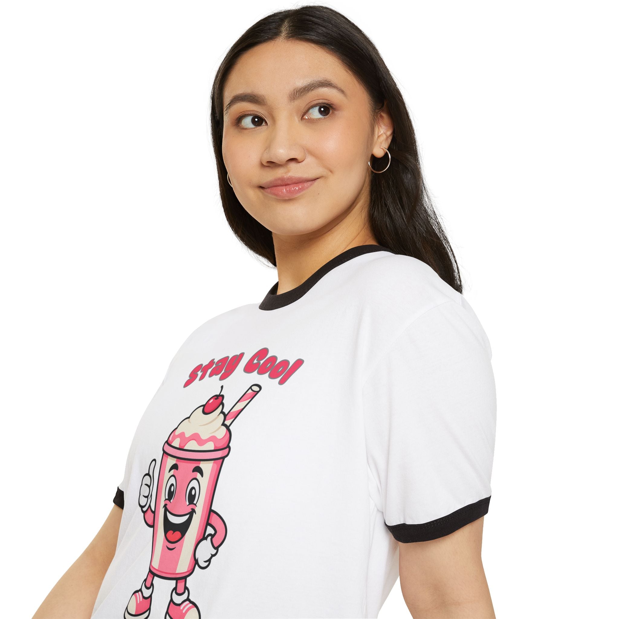 Person wearing a white t-shirt with a cartoon character and 'Stay Cool!' text on a white background