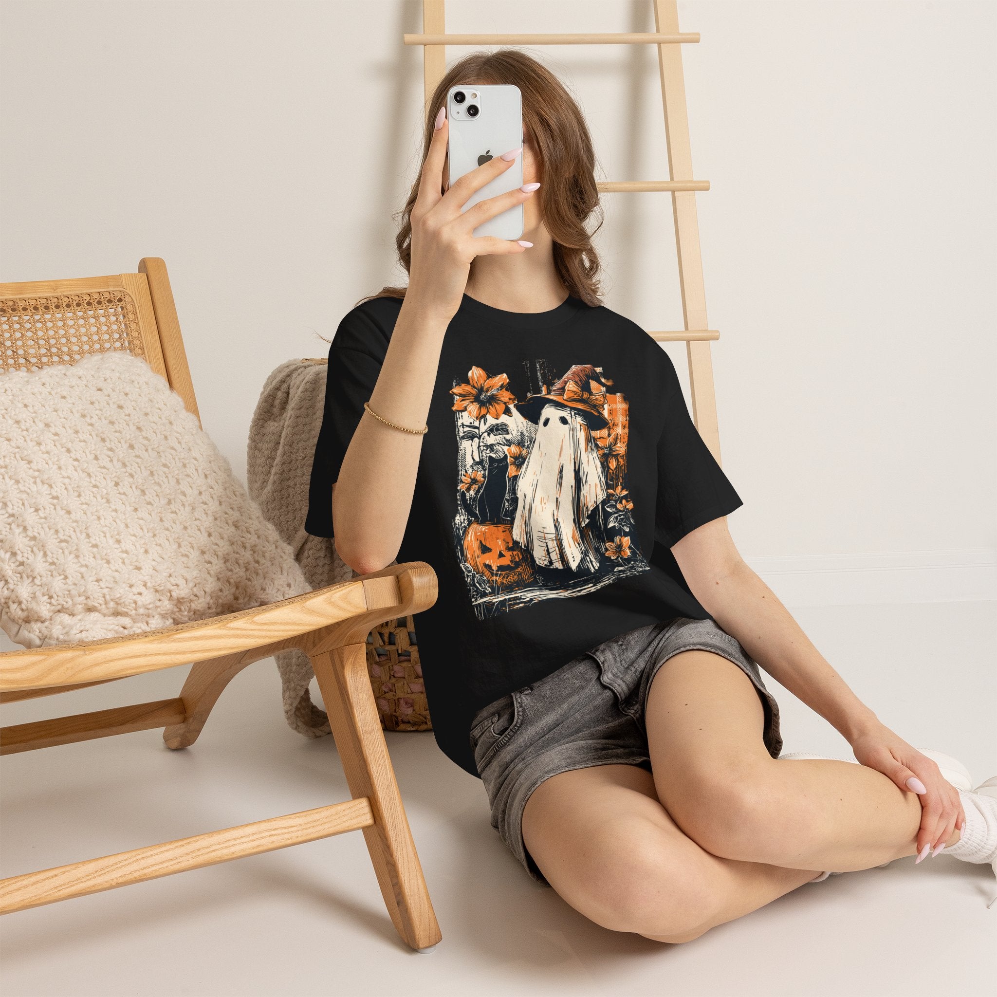 Halloween Ghost Tee — Cute Retro Ghost with Pumpkins & Witch Hat
