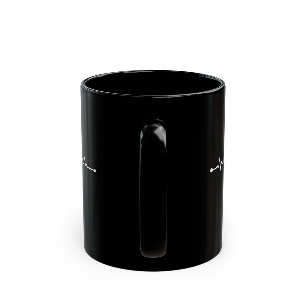 Black mug with white graphics on a white background