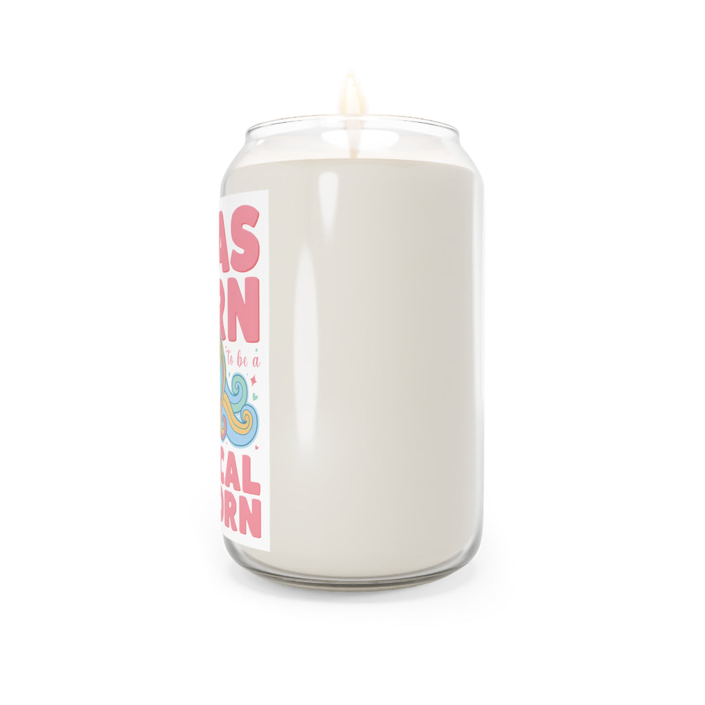 White candle with a colorful label on a white background