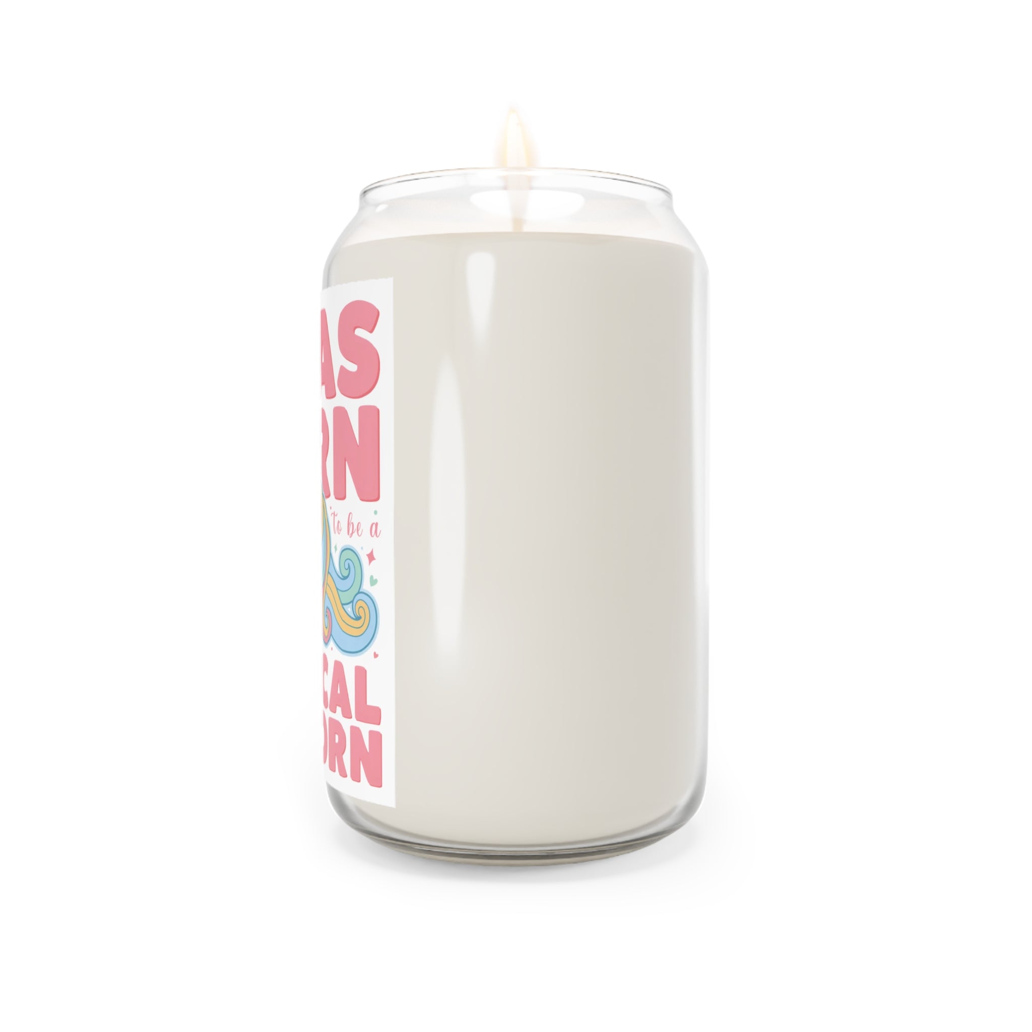 White candle with a colorful label on a white background