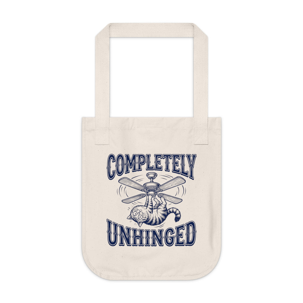 Tote bag with 'Completely Unhinged' text and propeller design on a white background