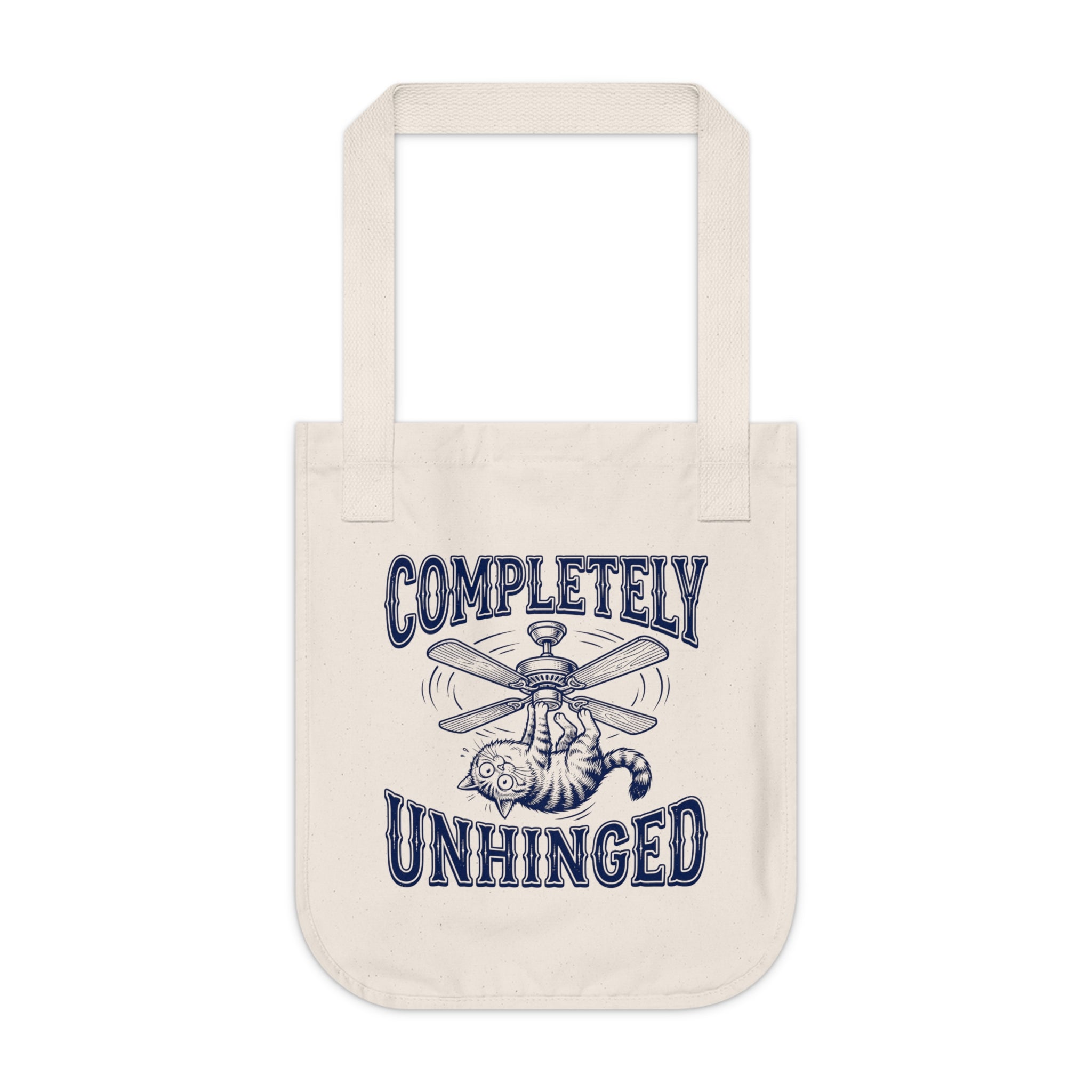 Tote bag with 'Completely Unhinged' text and propeller design on a white background