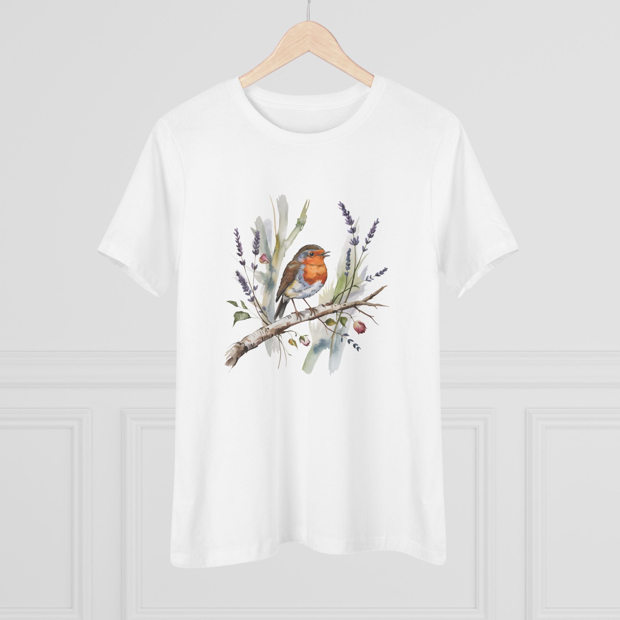 Women's Tee — Watercolor Robin Bird Floral Graphic
