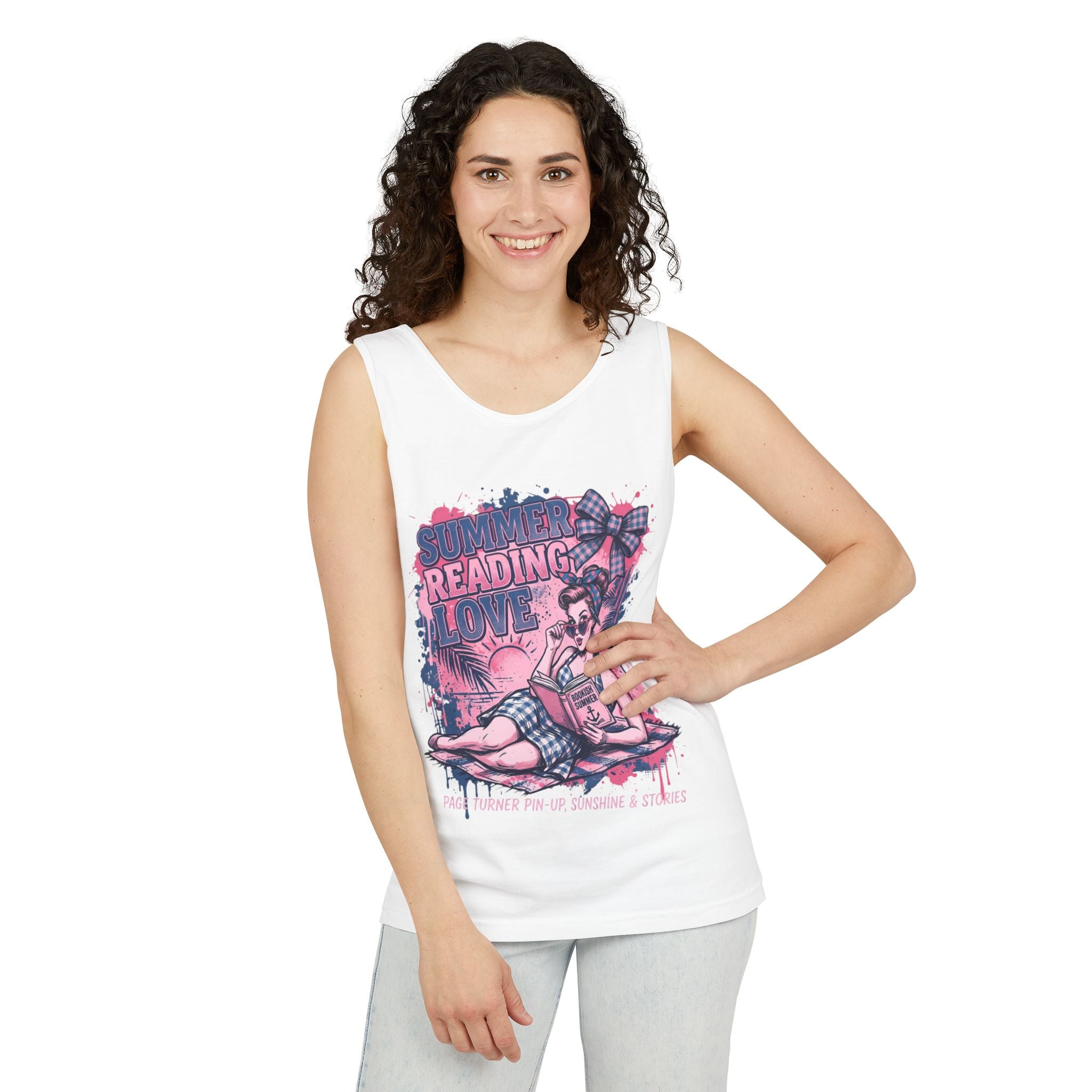 Woman wearing a white tank top with a colorful graphic design on a white background