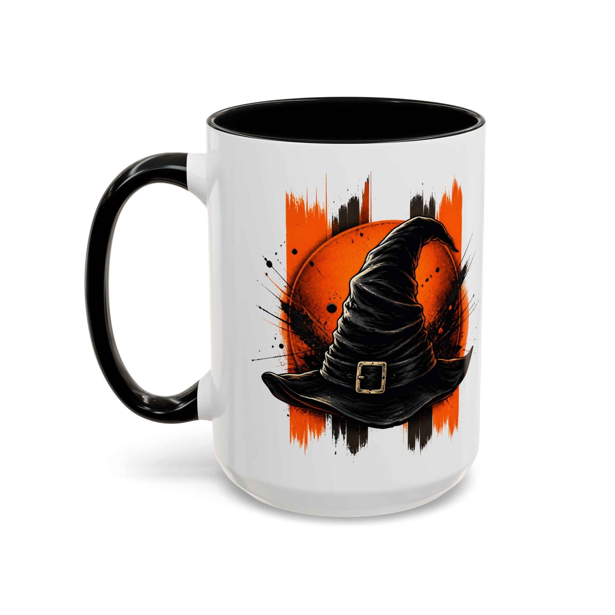 Black Hat & Orange Brushstroke Accent Coffee Mug — Halloween Cat Coffee Cup (11/15oz)