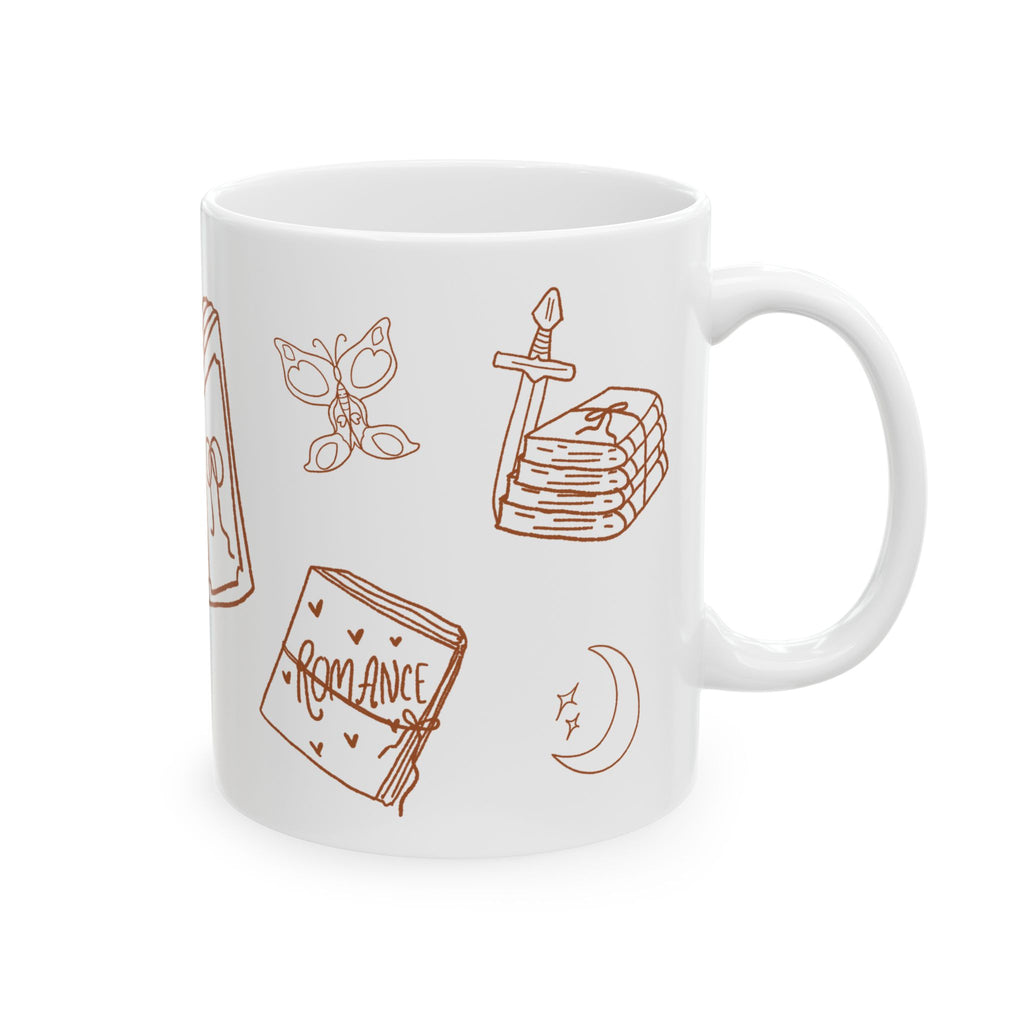 White mug with red line art illustrations on a white background