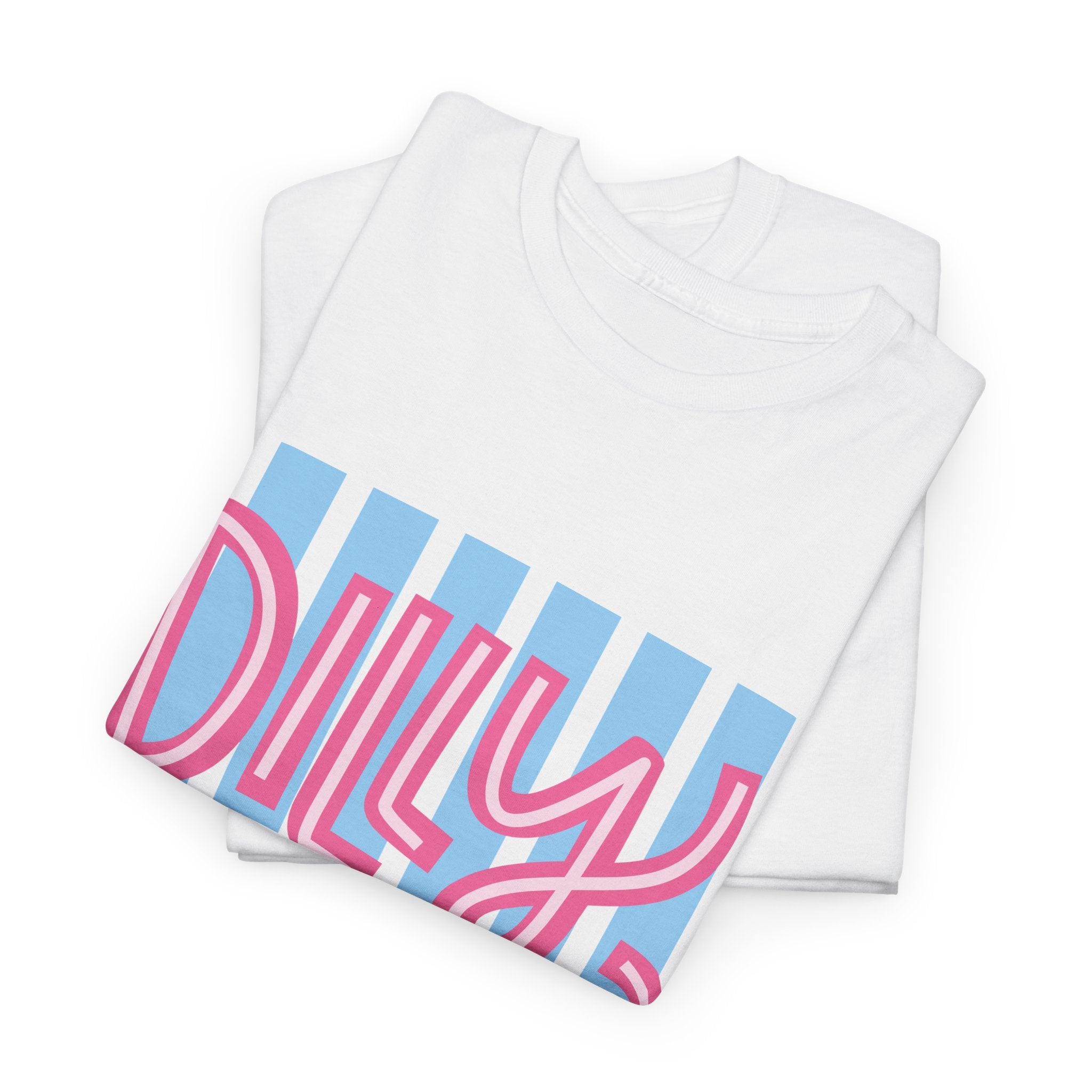 Dilly Dally script design T-Shirt | retro pink lettering, blue stripes
