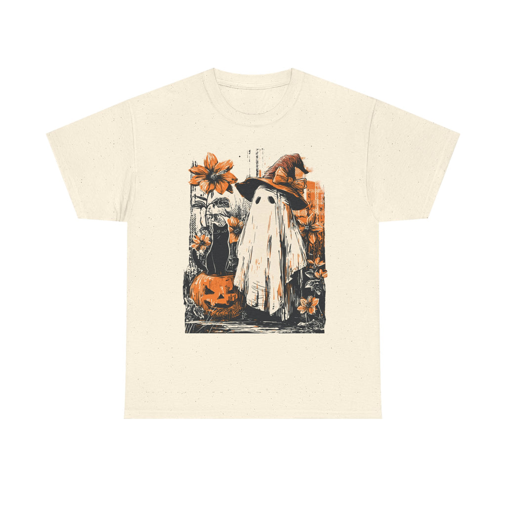 Halloween Ghost Tee — Cute Retro Ghost with Pumpkins & Witch Hat
