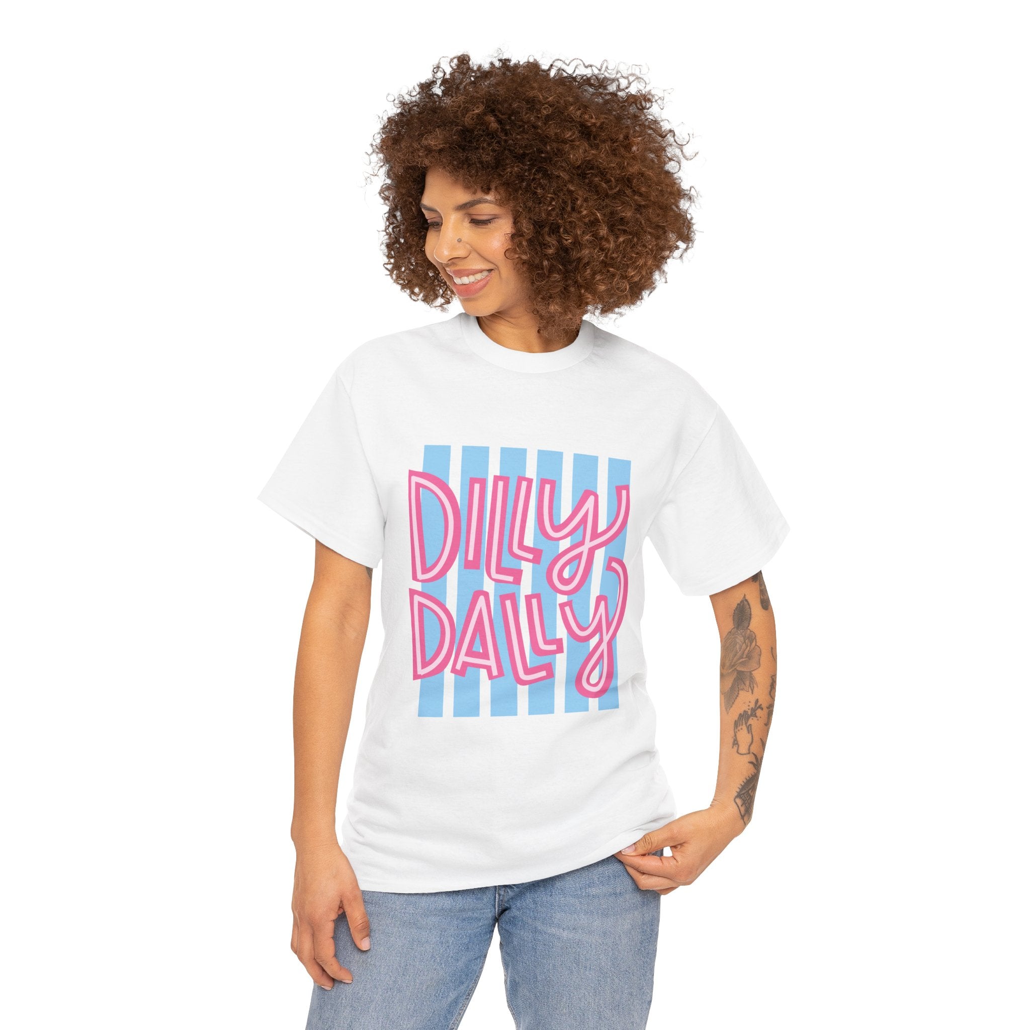 Dilly Dally script design T-Shirt | retro pink lettering, blue stripes