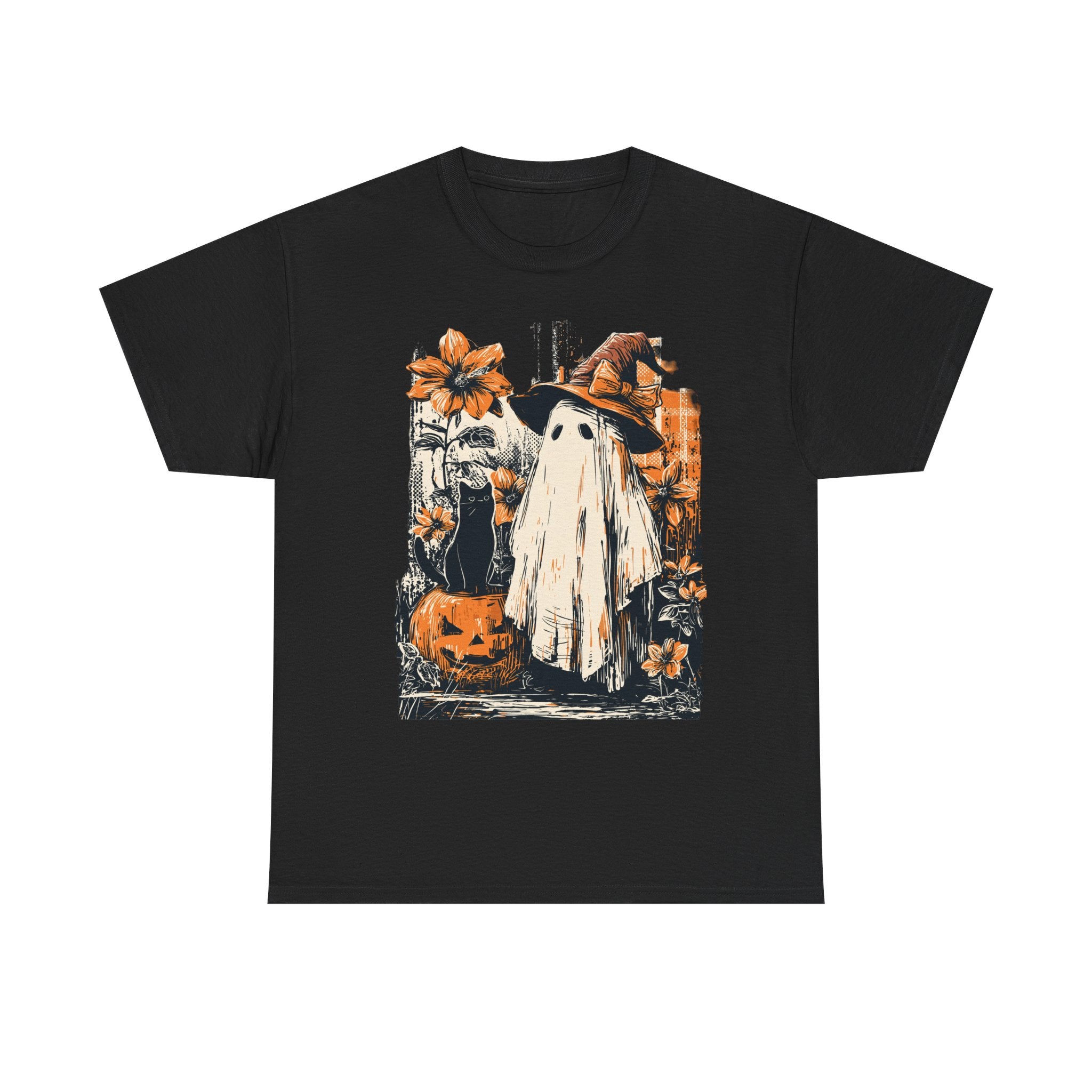 Halloween Ghost Tee — Cute Retro Ghost with Pumpkins & Witch Hat