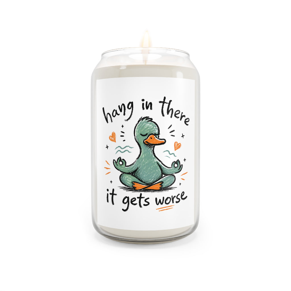 Candle with a cartoon duck and text on a white background