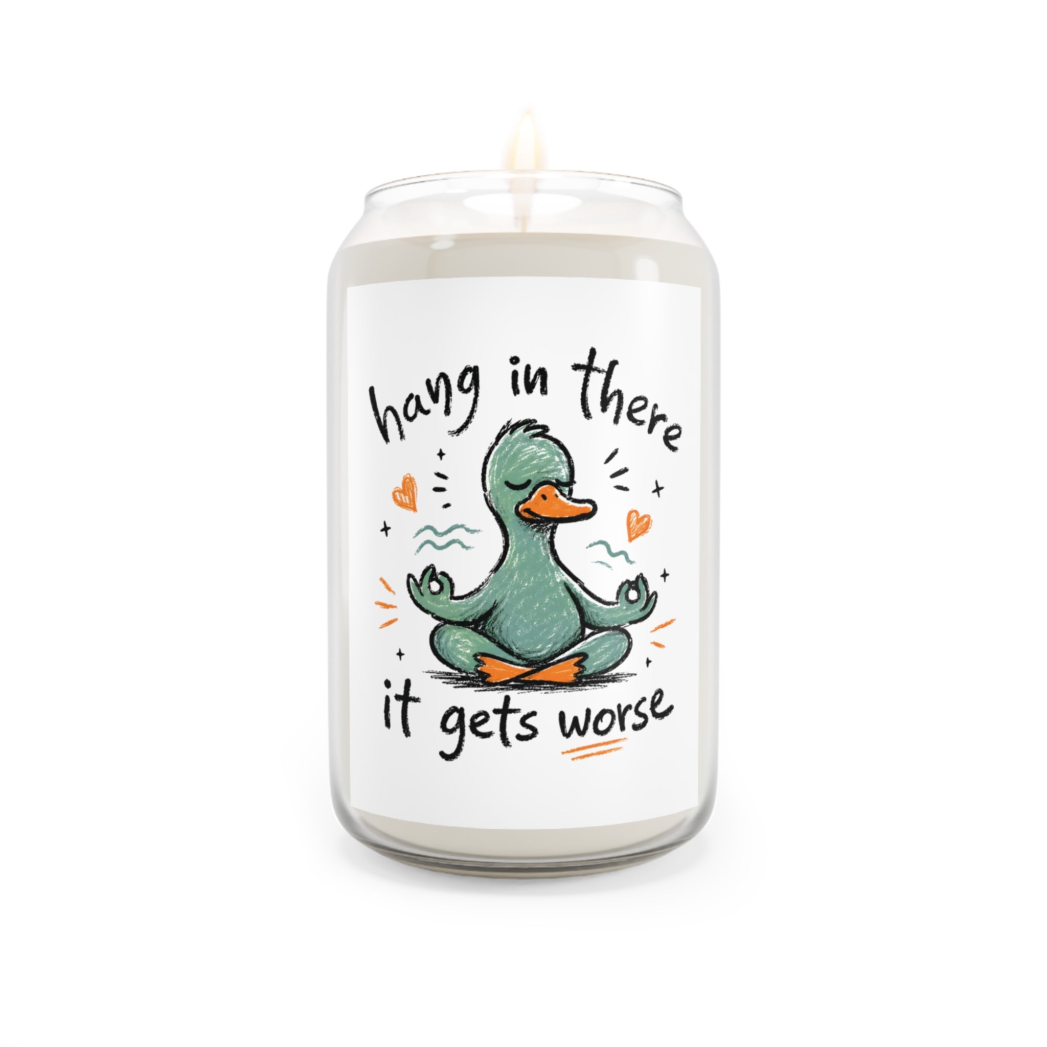 Candle with a cartoon duck and text on a white background