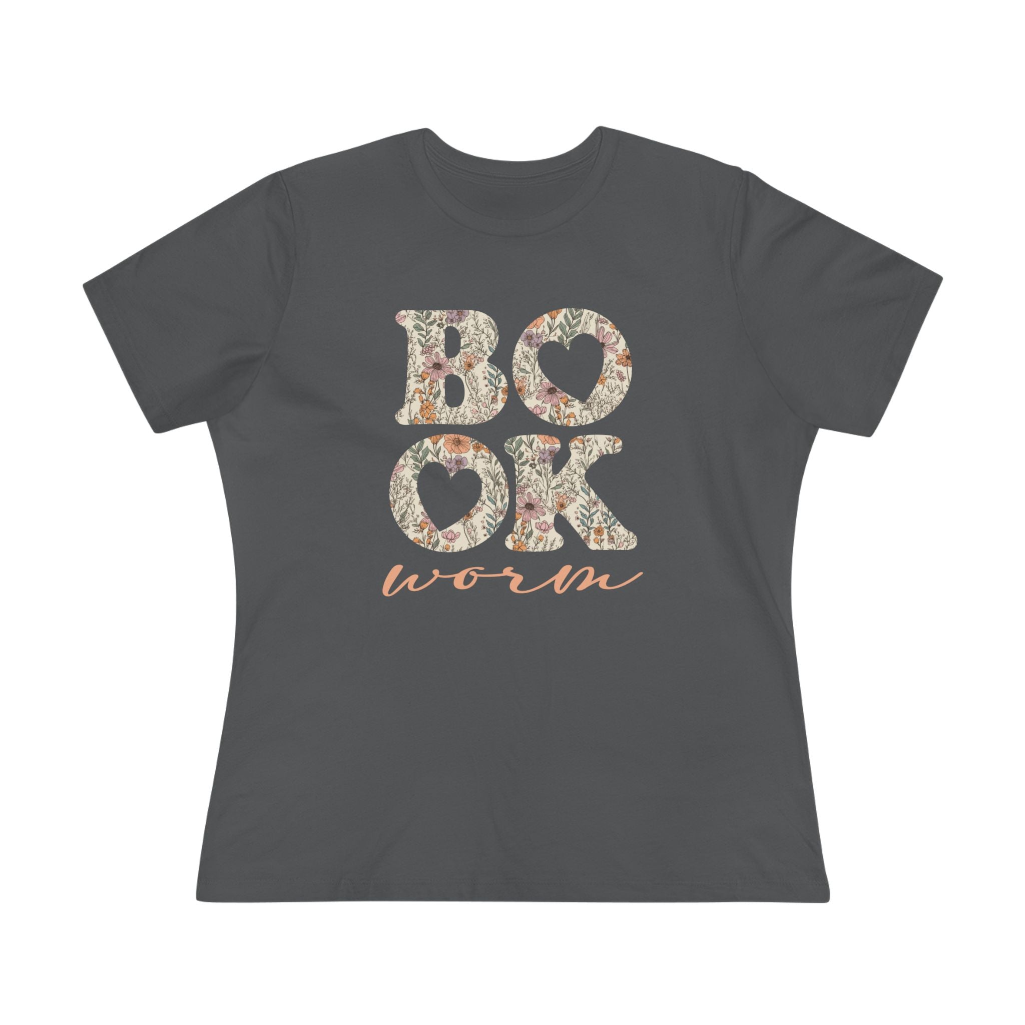 Dark gray t-shirt with floral 'BOOKWORM' text design on a white background