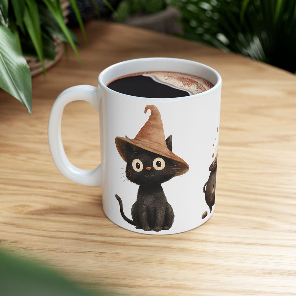 Witch Cat Ceramic Mug — Cute Black Cats & Bubbling Cauldron Coffee Cup (11oz/15oz)