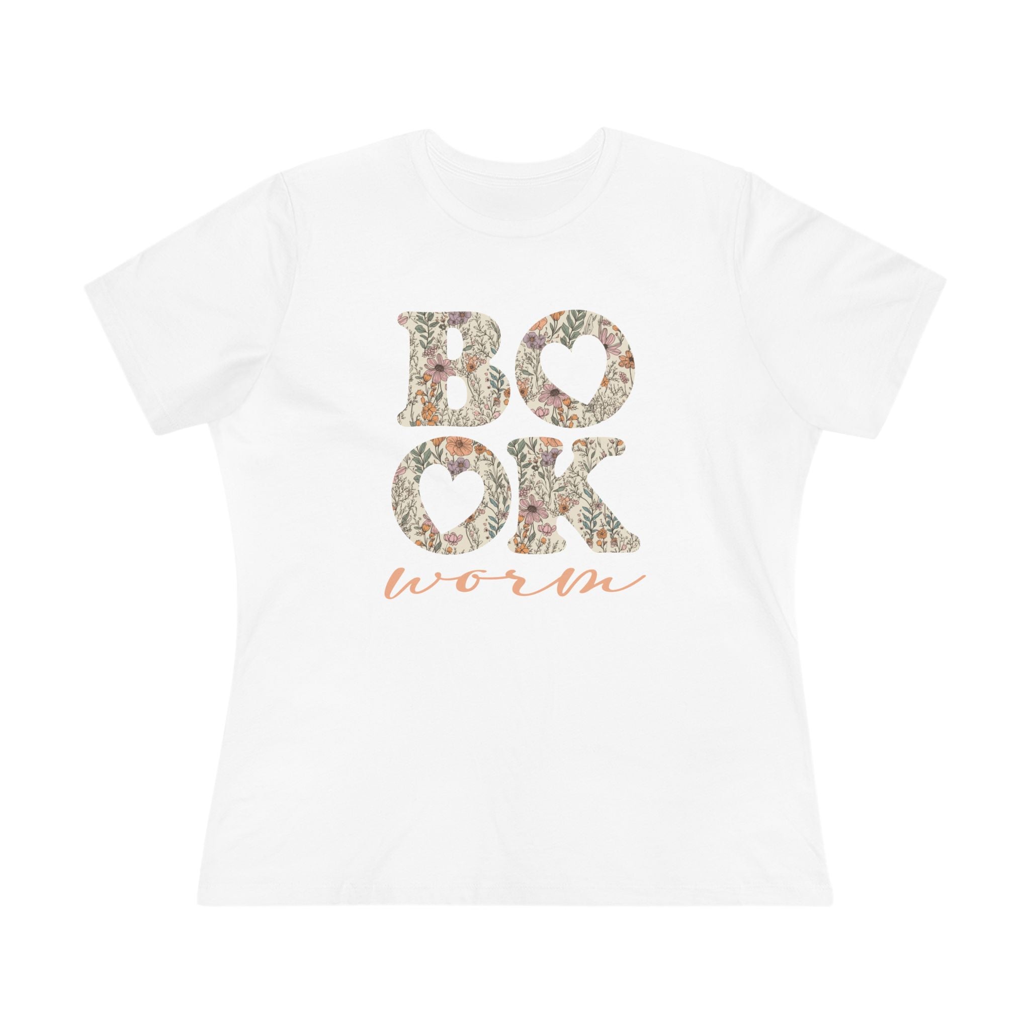 White t-shirt with floral 'BOOKWORM' text on a white background