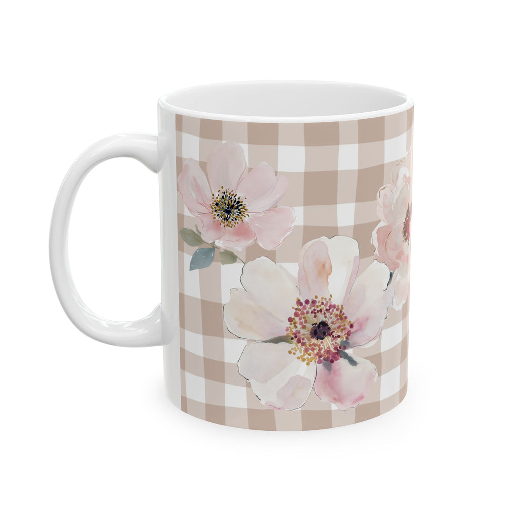 Floral Gingham Ceramic Mug – Stack of Vintage Books & Pink Peonies (11oz)