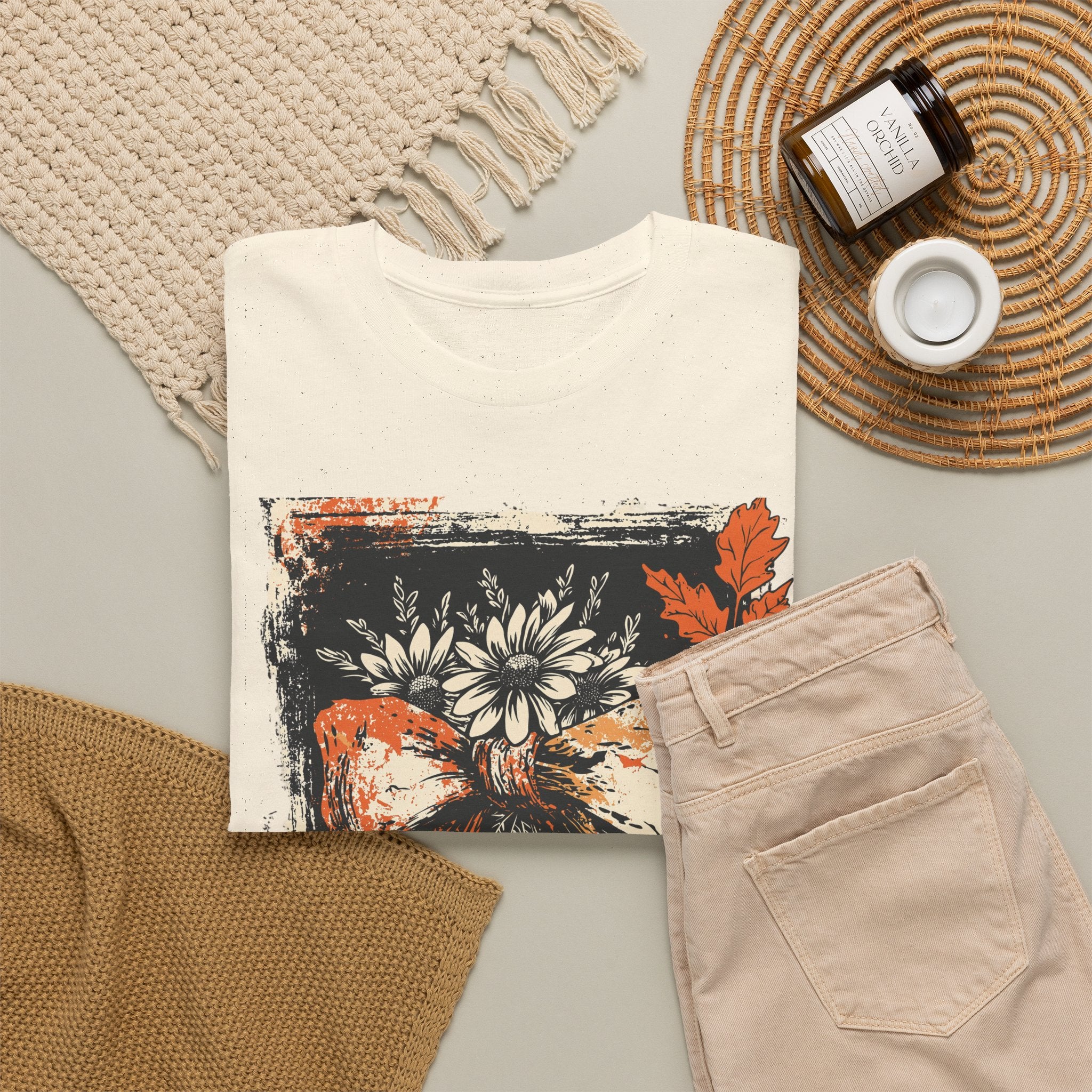 Halloween Bow Tee — Distressed Orange & Black Floral Ribbon Graphic