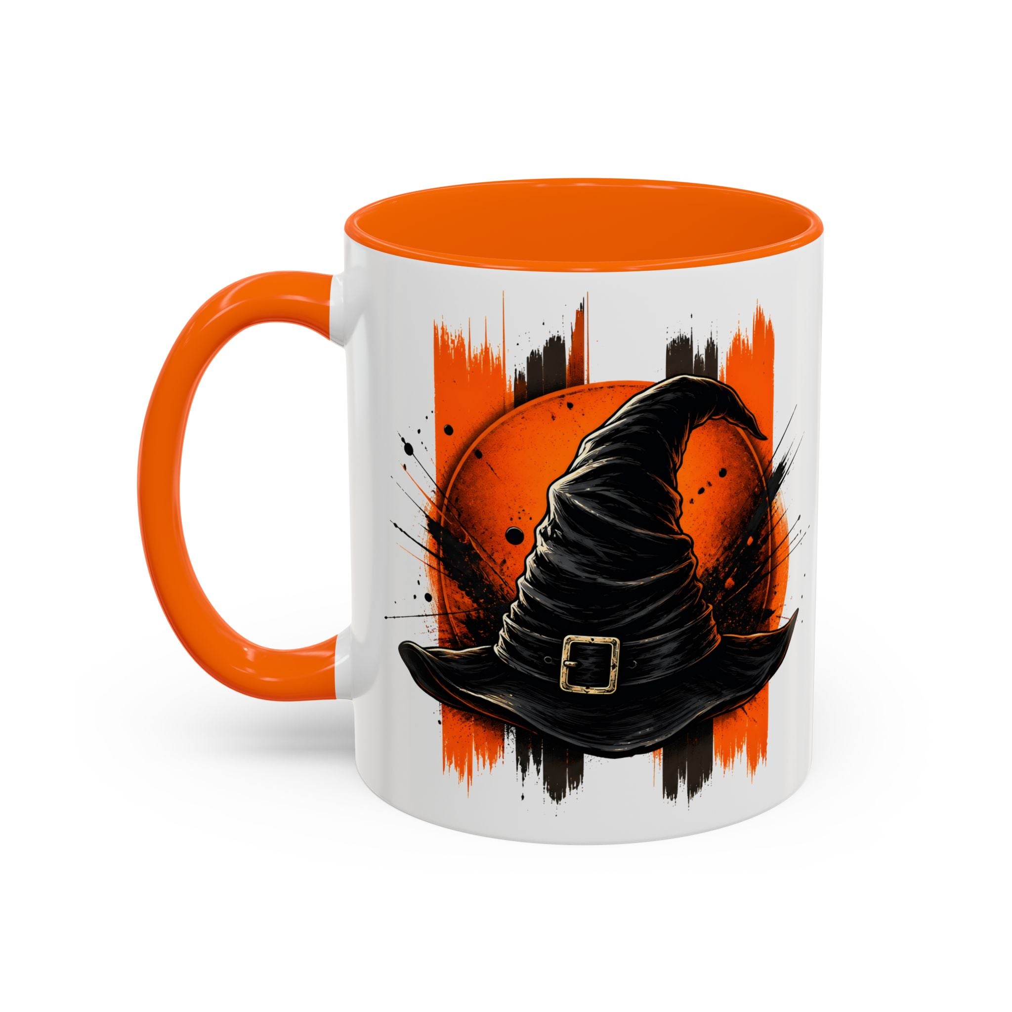 Black Hat & Orange Brushstroke Accent Coffee Mug — Halloween Cat Coffee Cup (11/15oz)