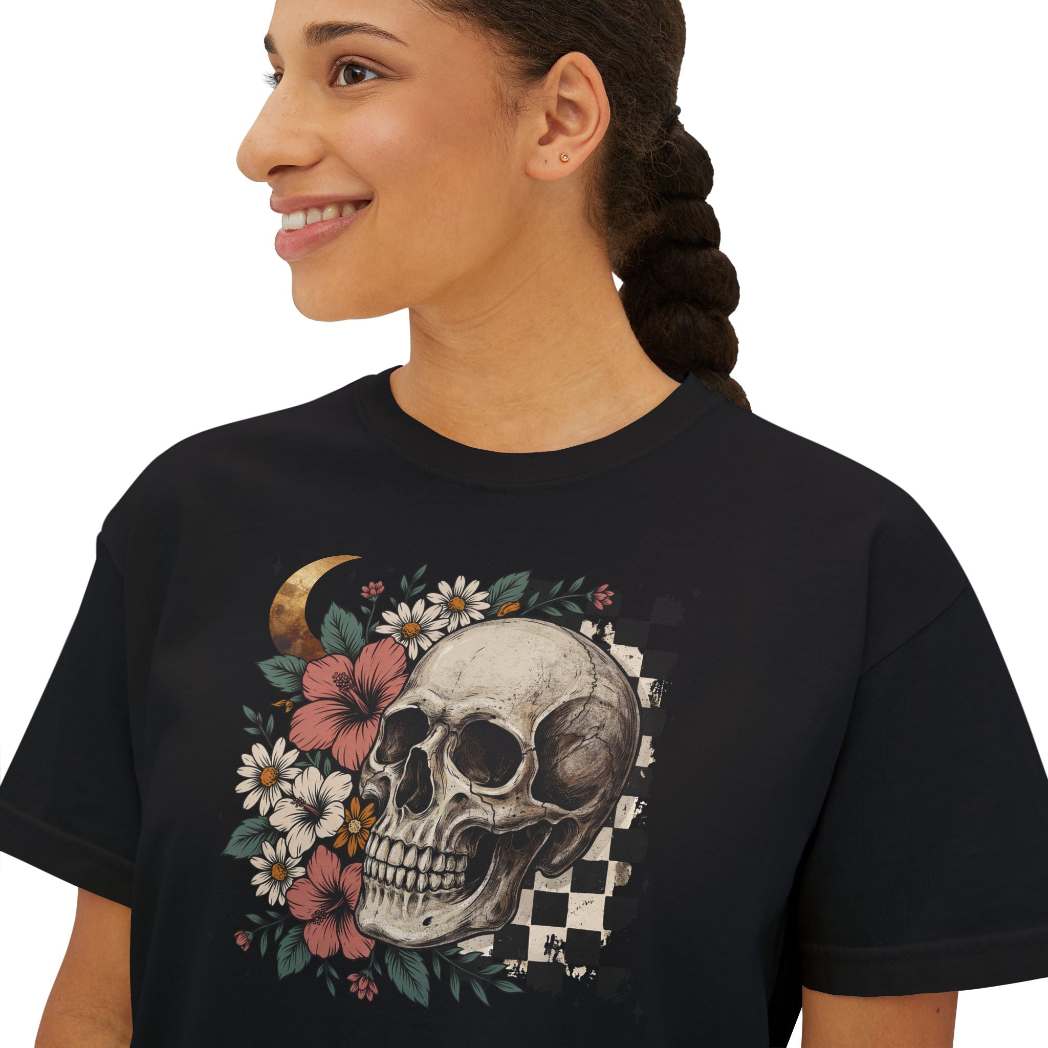 Skull & Floral Boxy Tee — Checkerboard Moon Graphic Women's T‑Shirt