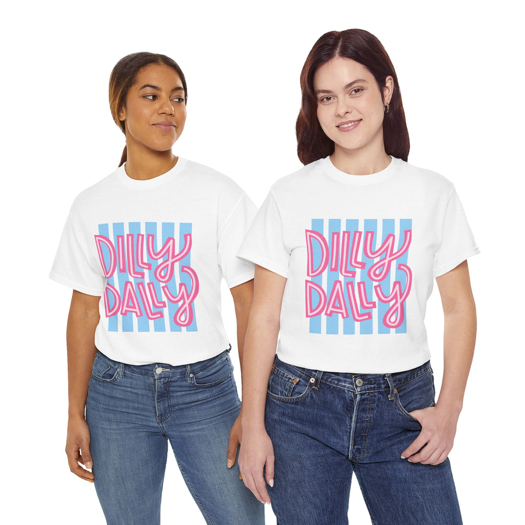 Dilly Dally script design T-Shirt | retro pink lettering, blue stripes