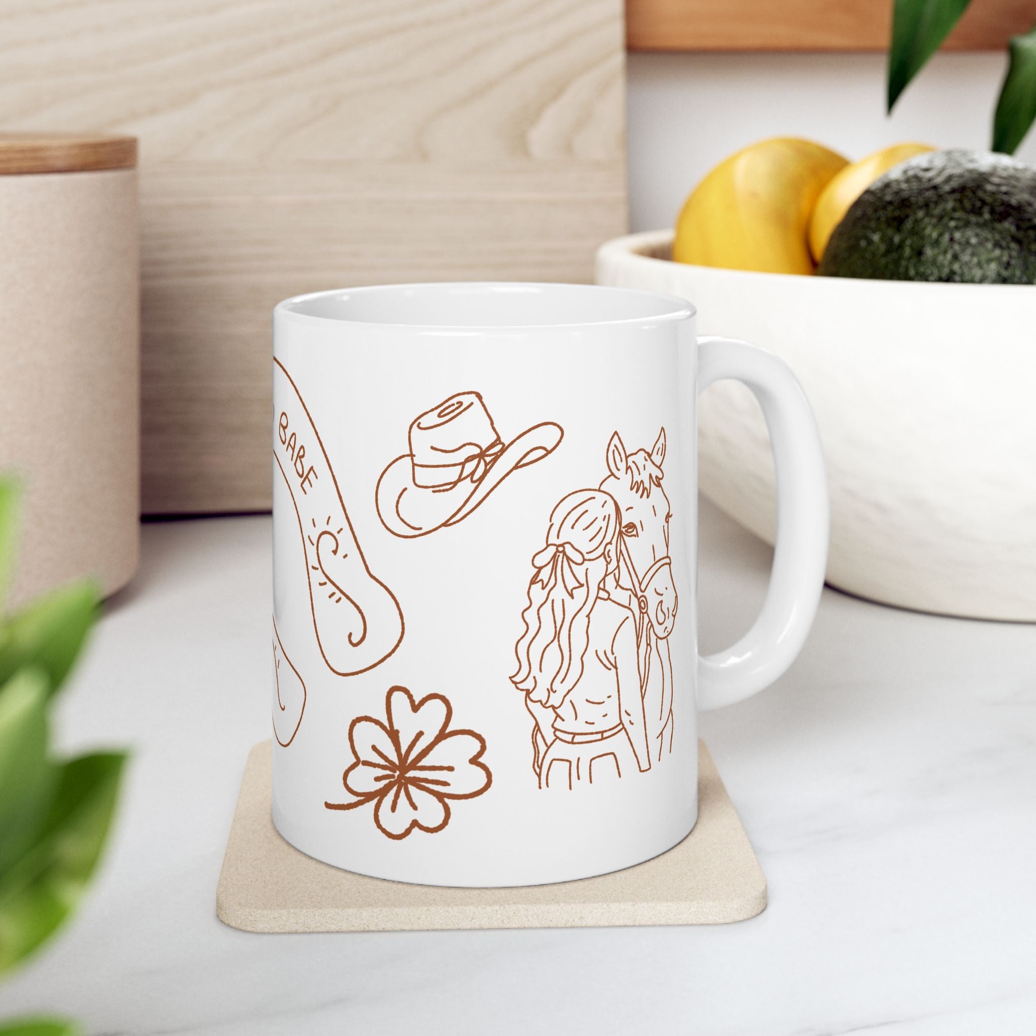 Horse Girl Doodles Ceramic Mug — Equestrian Lucky Charm Coffee Cup (11oz)