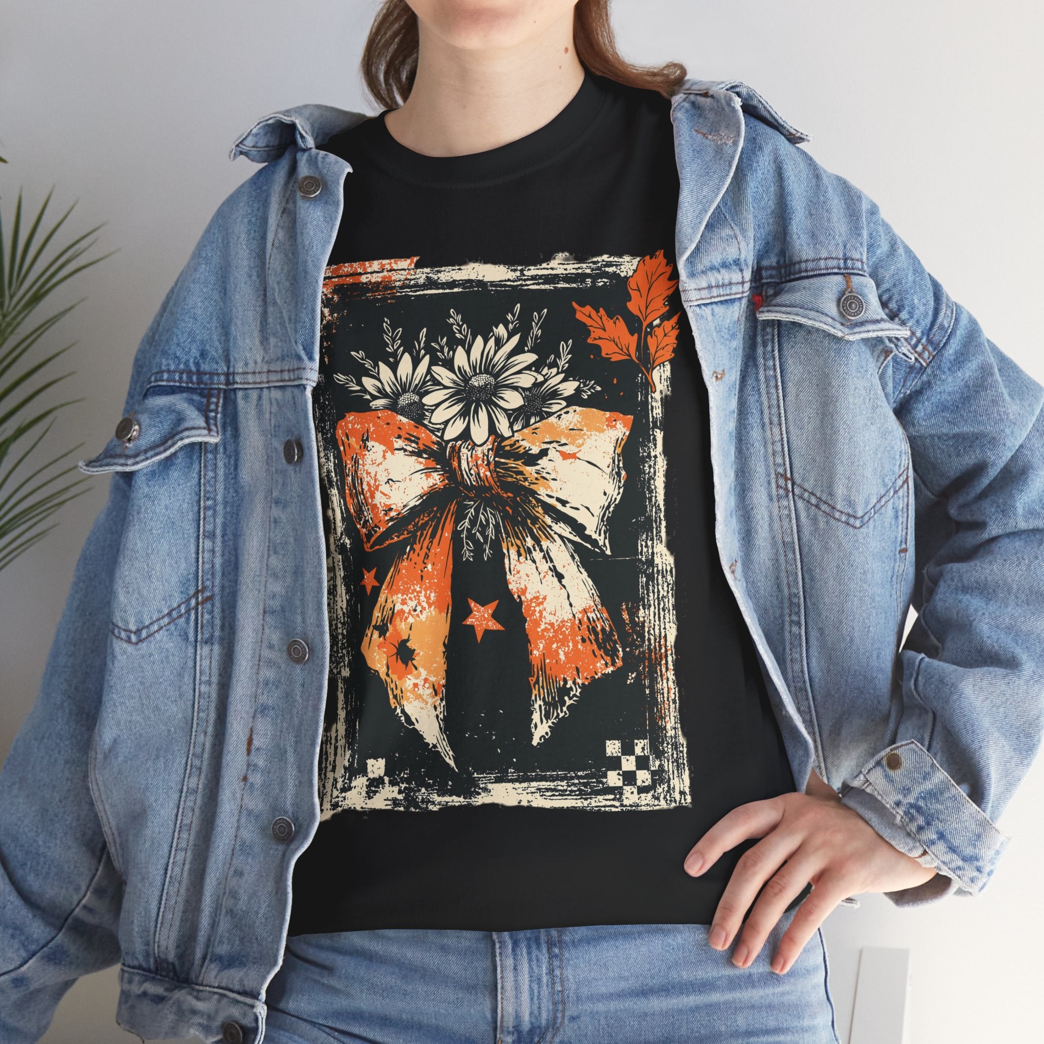 Halloween Bow Tee — Distressed Orange & Black Floral Ribbon Graphic