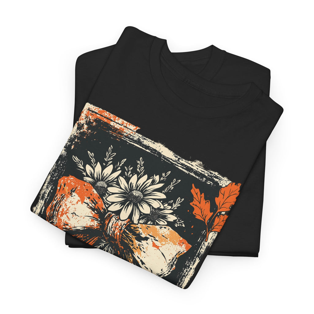 Halloween Bow Tee — Distressed Orange & Black Floral Ribbon Graphic