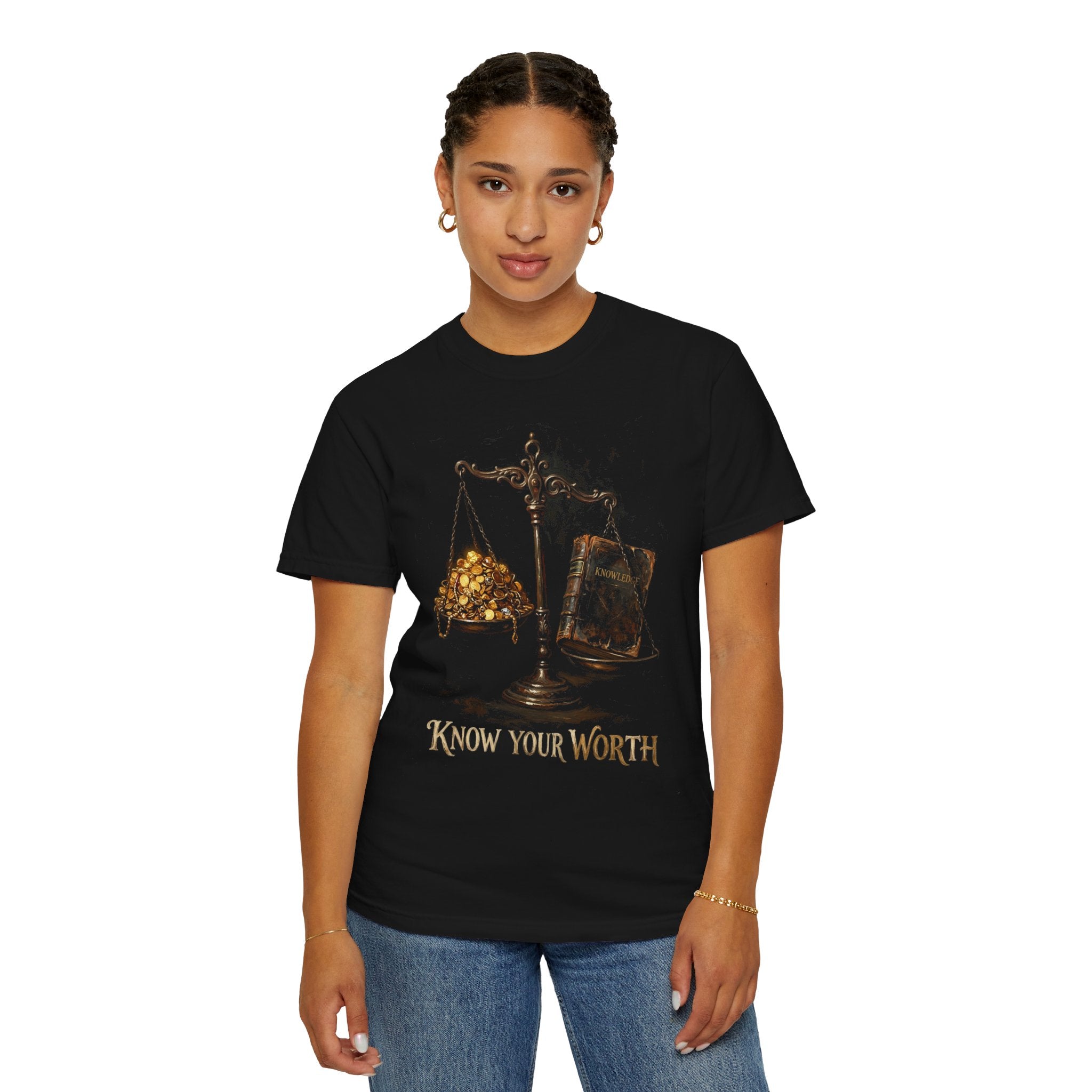 Know Your Worth Scales Book Graphic T-shirt | Empowerment