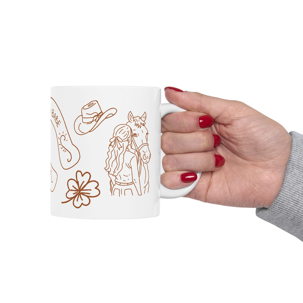 Horse Girl Doodles Ceramic Mug — Equestrian Lucky Charm Coffee Cup (11oz)