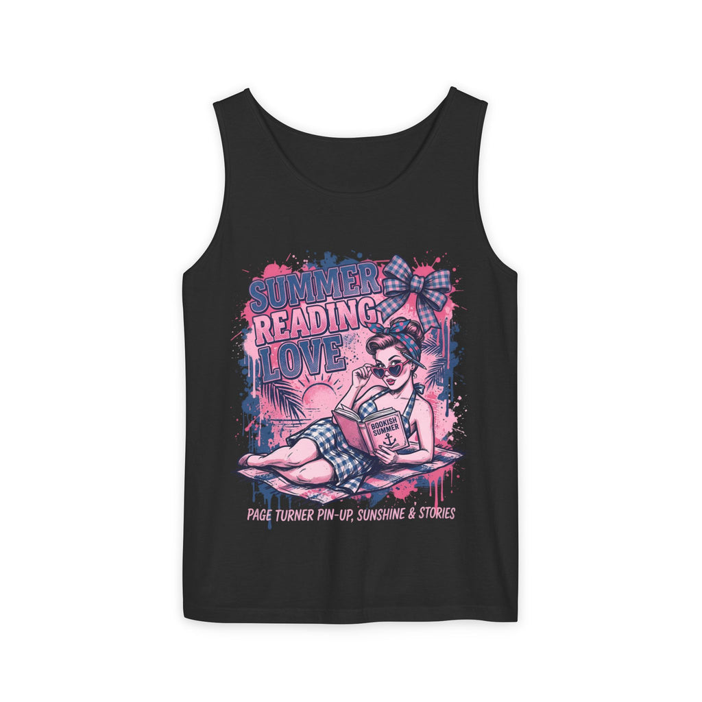 Black tank top with a colorful graphic design on a white background