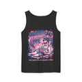 Black tank top with a colorful graphic design on a white background