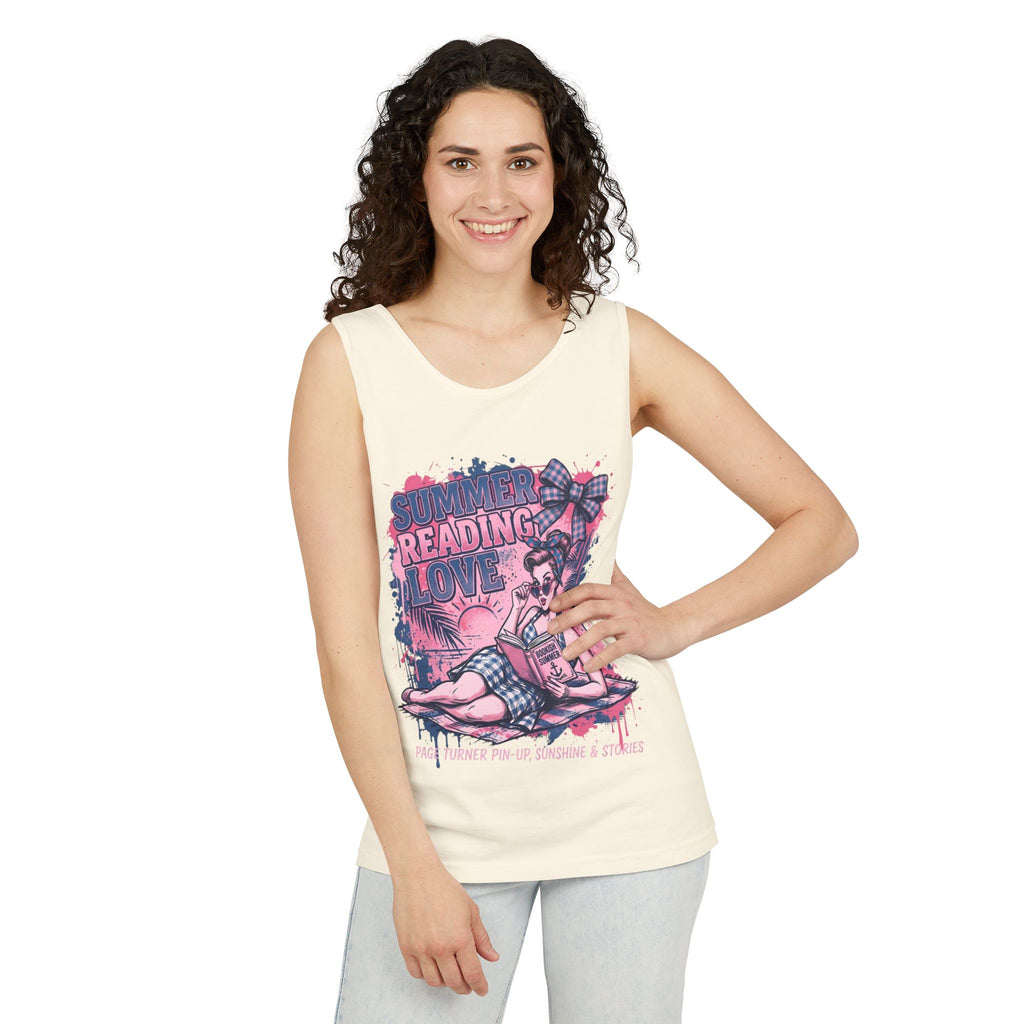 Woman wearing a cream tank top with a colorful graphic design on a white background