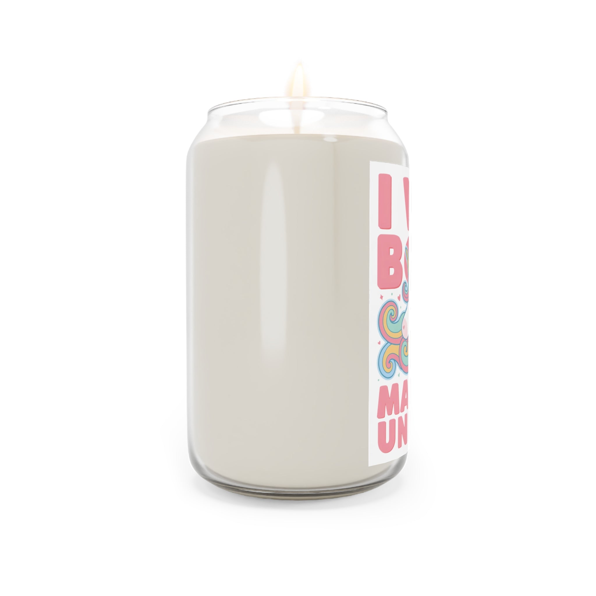 Candle with a colorful label on a white background