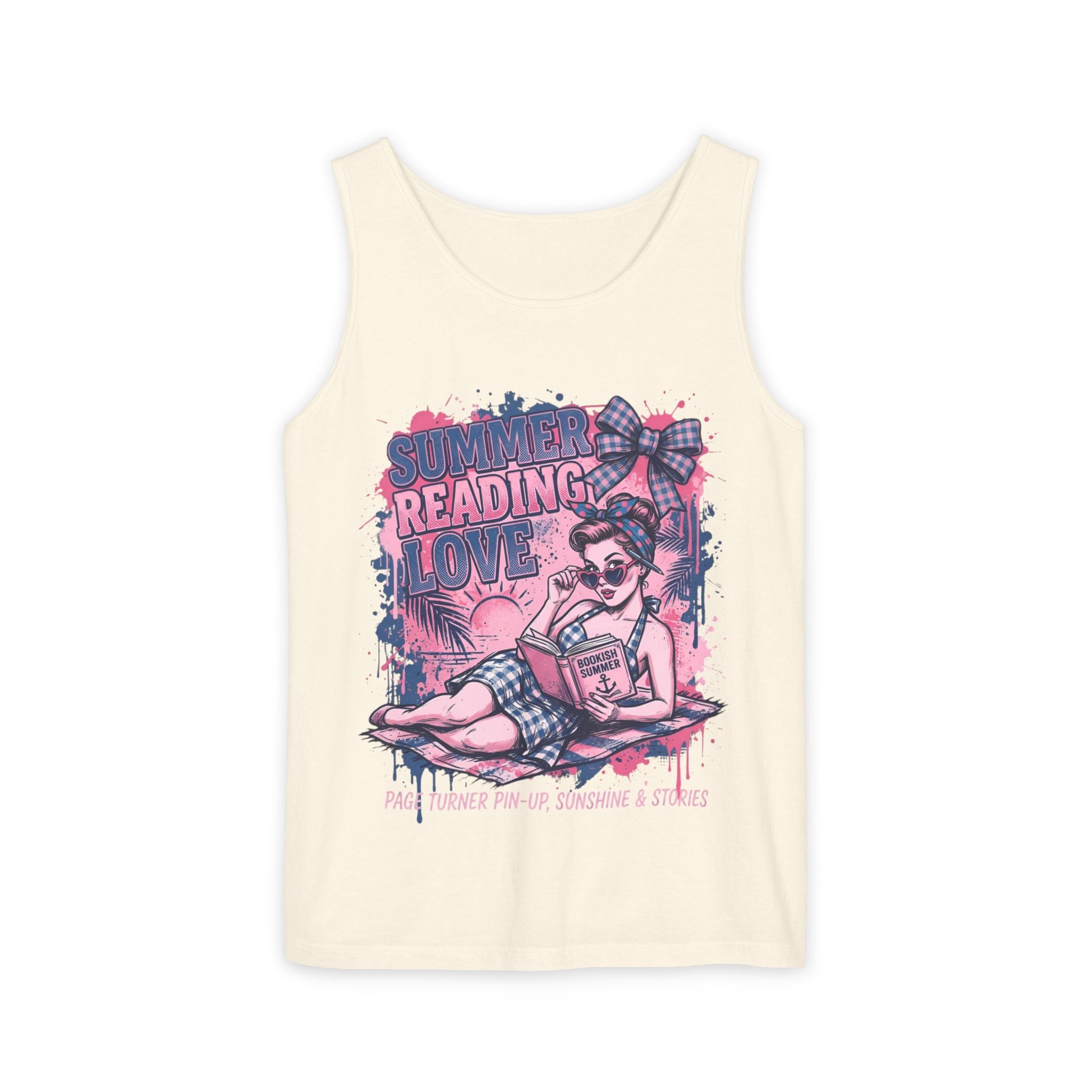 Beige tank top with a graphic design of a woman reading a book titled 'Summer Reading Love' on a white background.