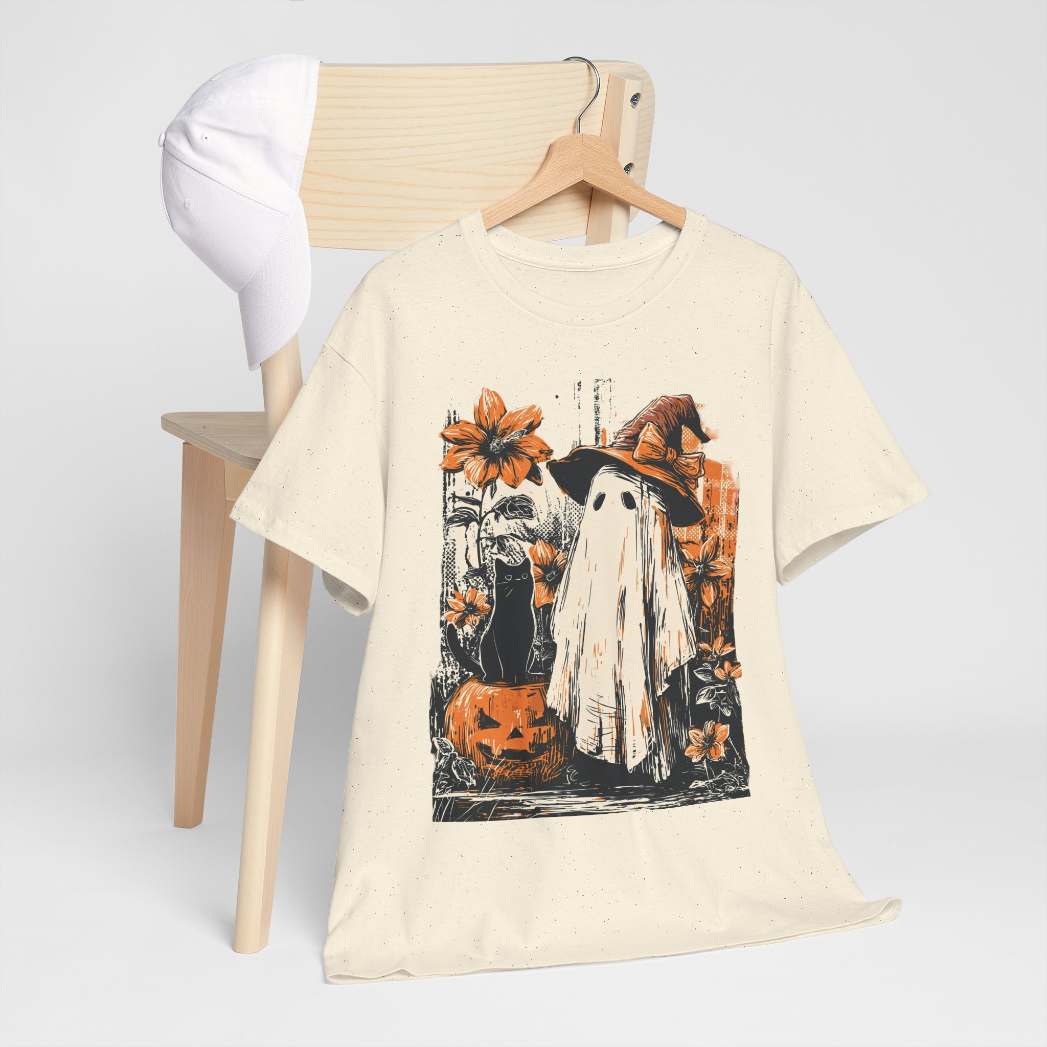Halloween Ghost Tee — Cute Retro Ghost with Pumpkins & Witch Hat