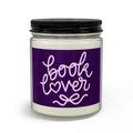 Candle jar with a purple label that says 'book lover' on a white background