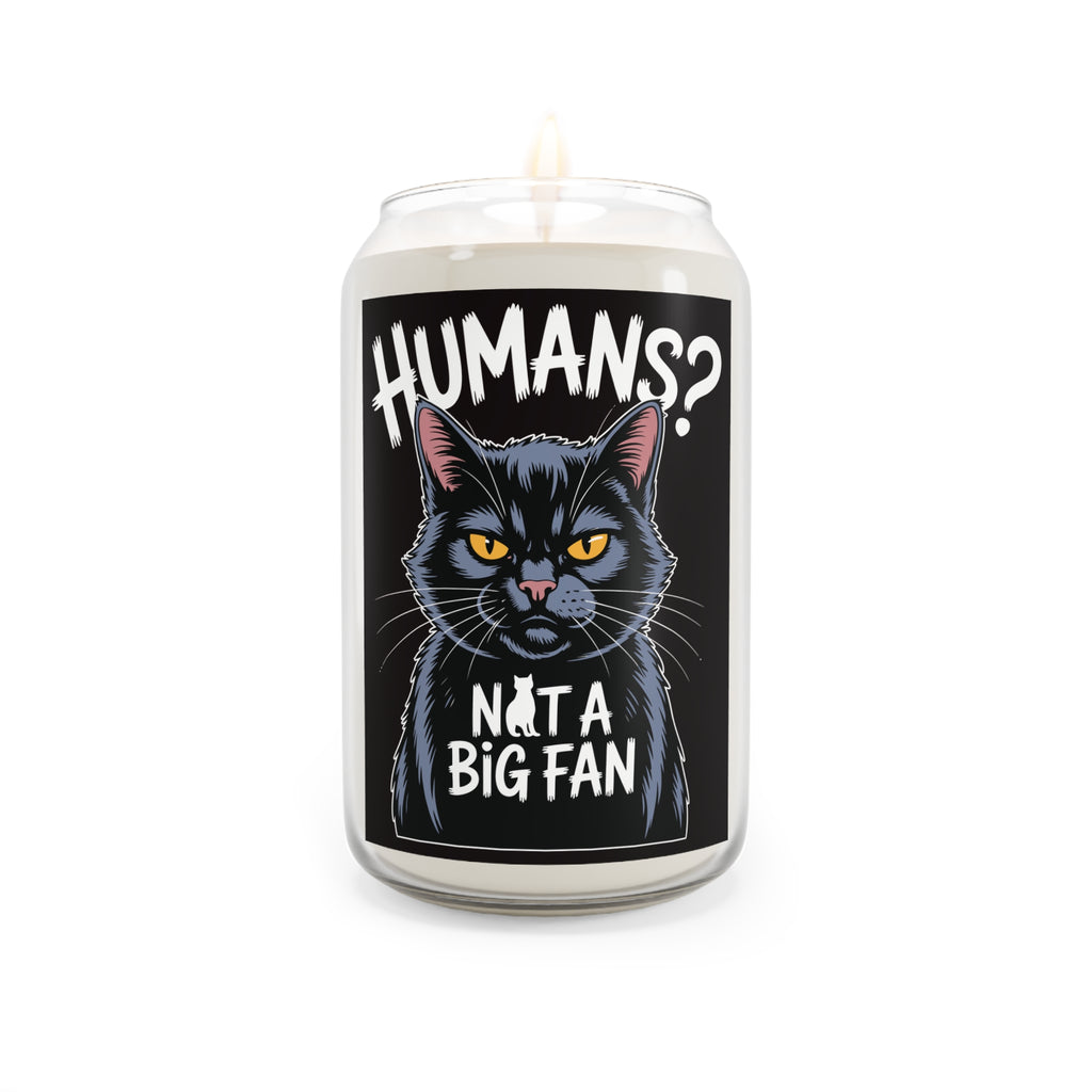 Candle with a black cat illustration and text on a white background