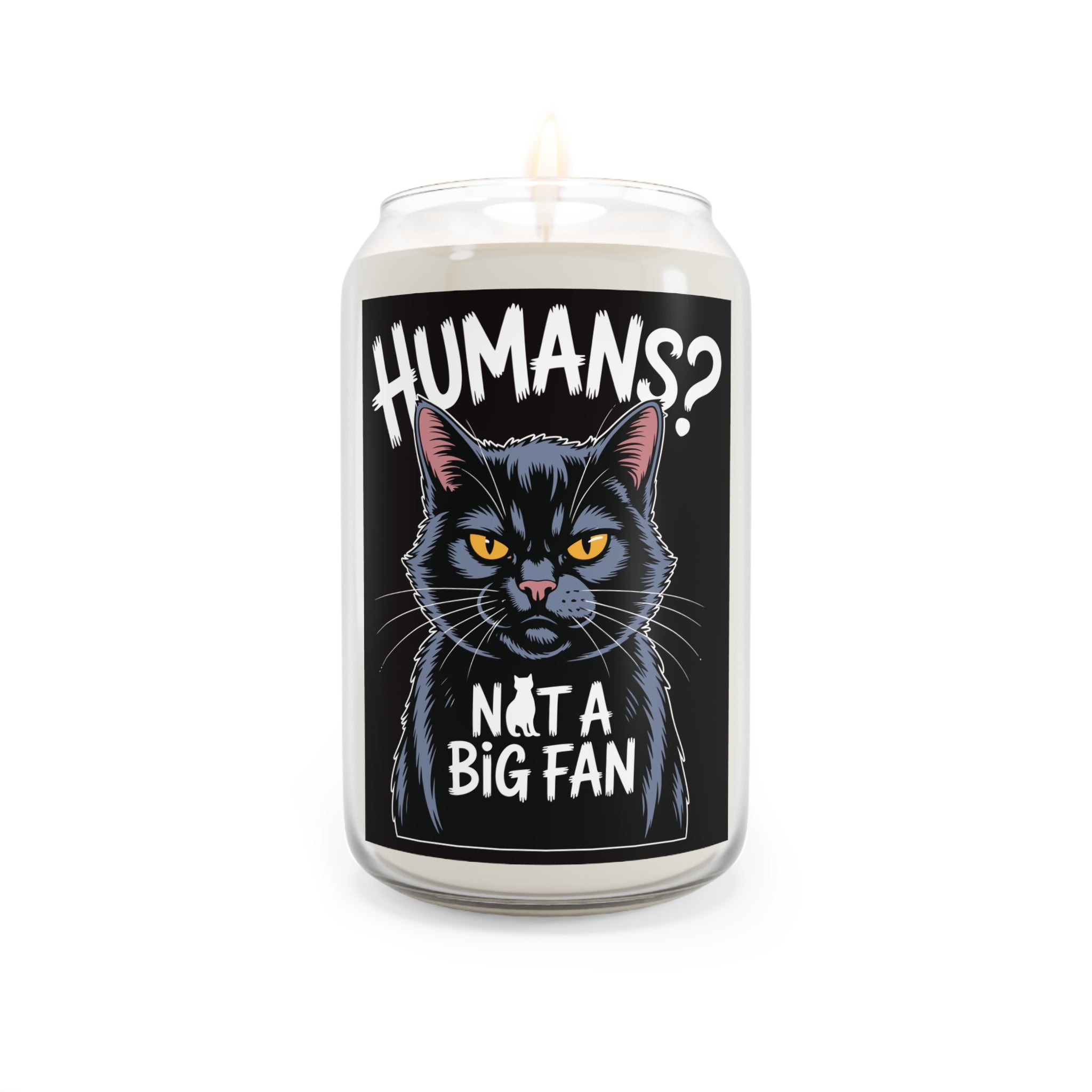 Candle with a black cat illustration and text on a white background