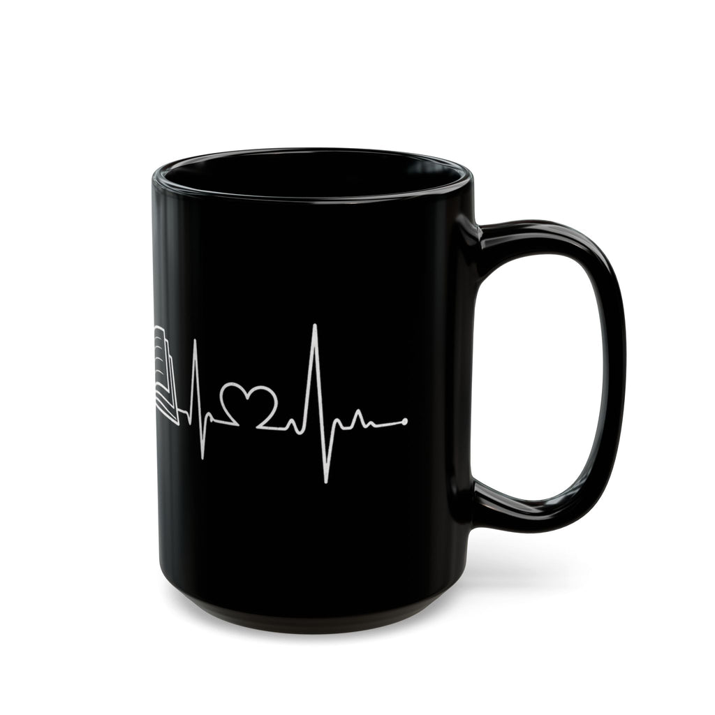 Black mug with white architectural design on a white background
