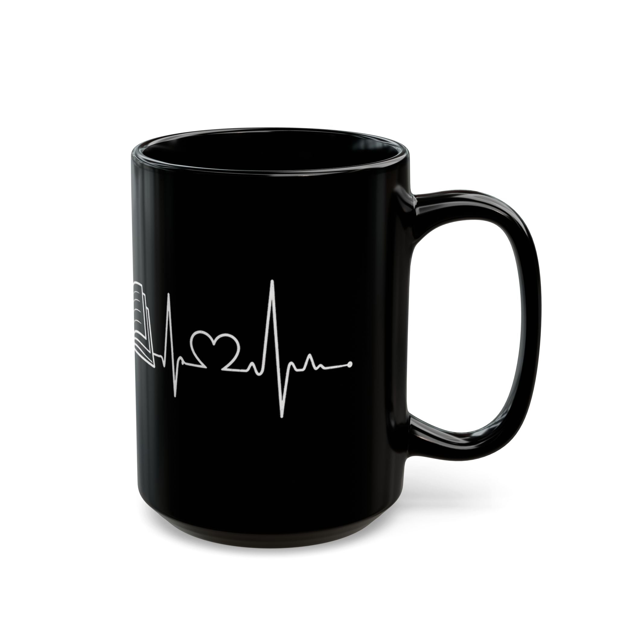 Black mug with white architectural design on a white background